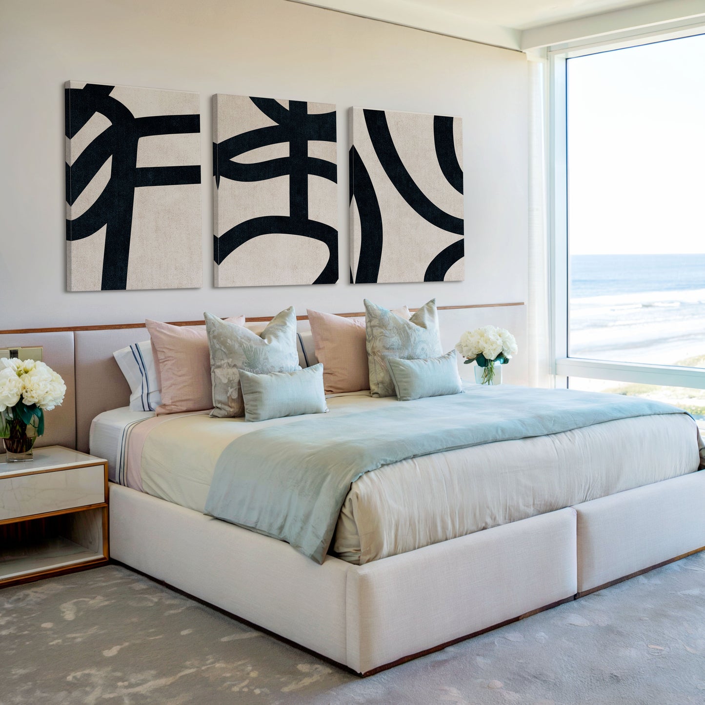 Contour – Bold Minimal Line Abstract in Black on Off White Trio - Wall Art Set of 3