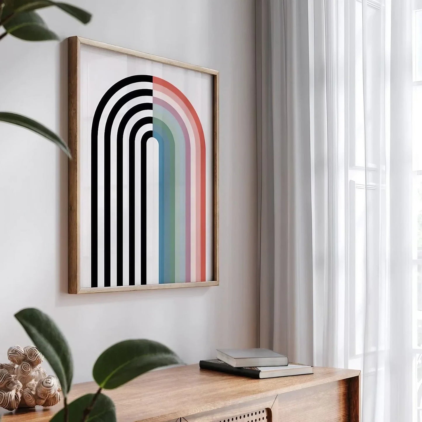 Modern Rainbow Decor Black and White Art Mid Century Wall Frame
