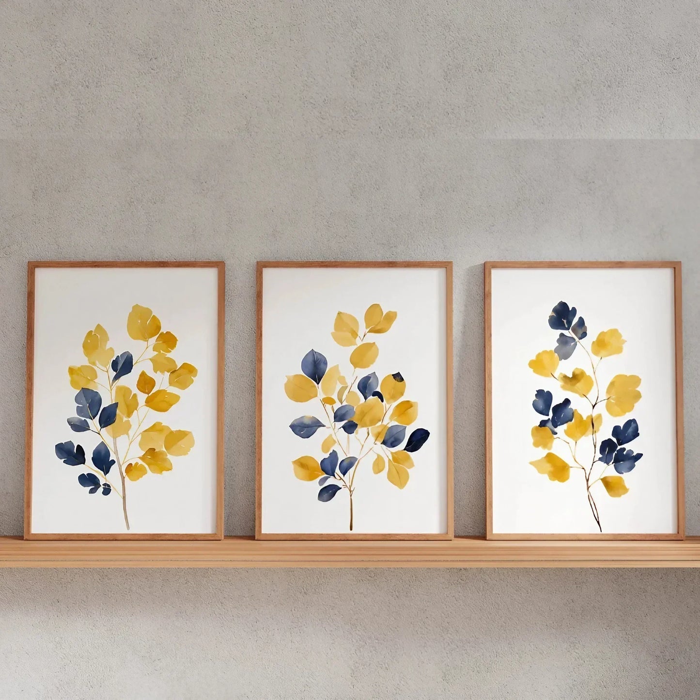 Mustard Yellow & Navy Blue Wall Art Leaf Bouquet Wall Frames
