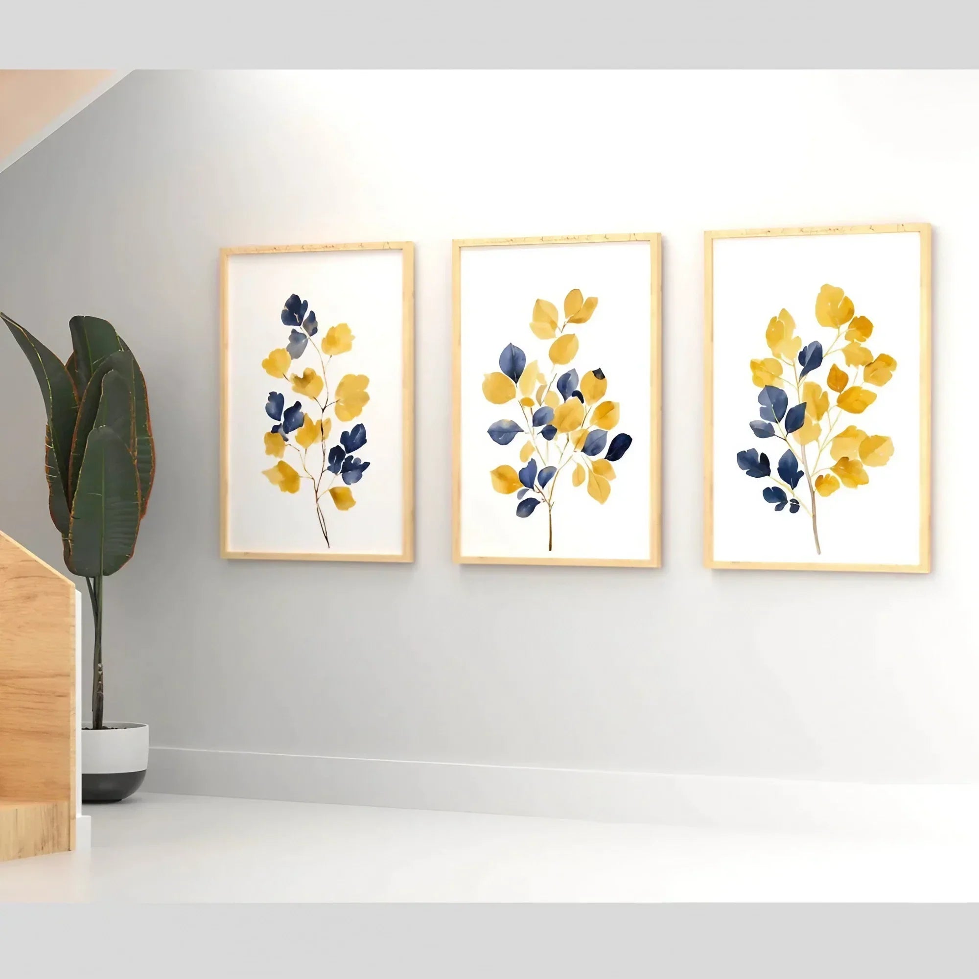 Mustard Yellow & Navy Blue Wall Art Leaf Bouquet Wall Frames