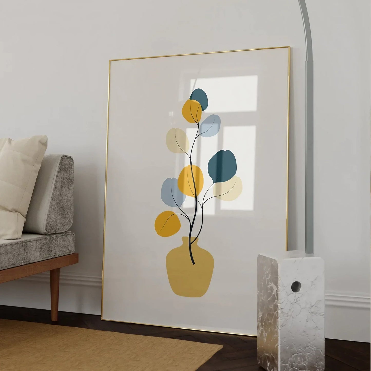 Mustard Navy Blue and Light Blue Mid Century Wall Art Modern Wall Frames