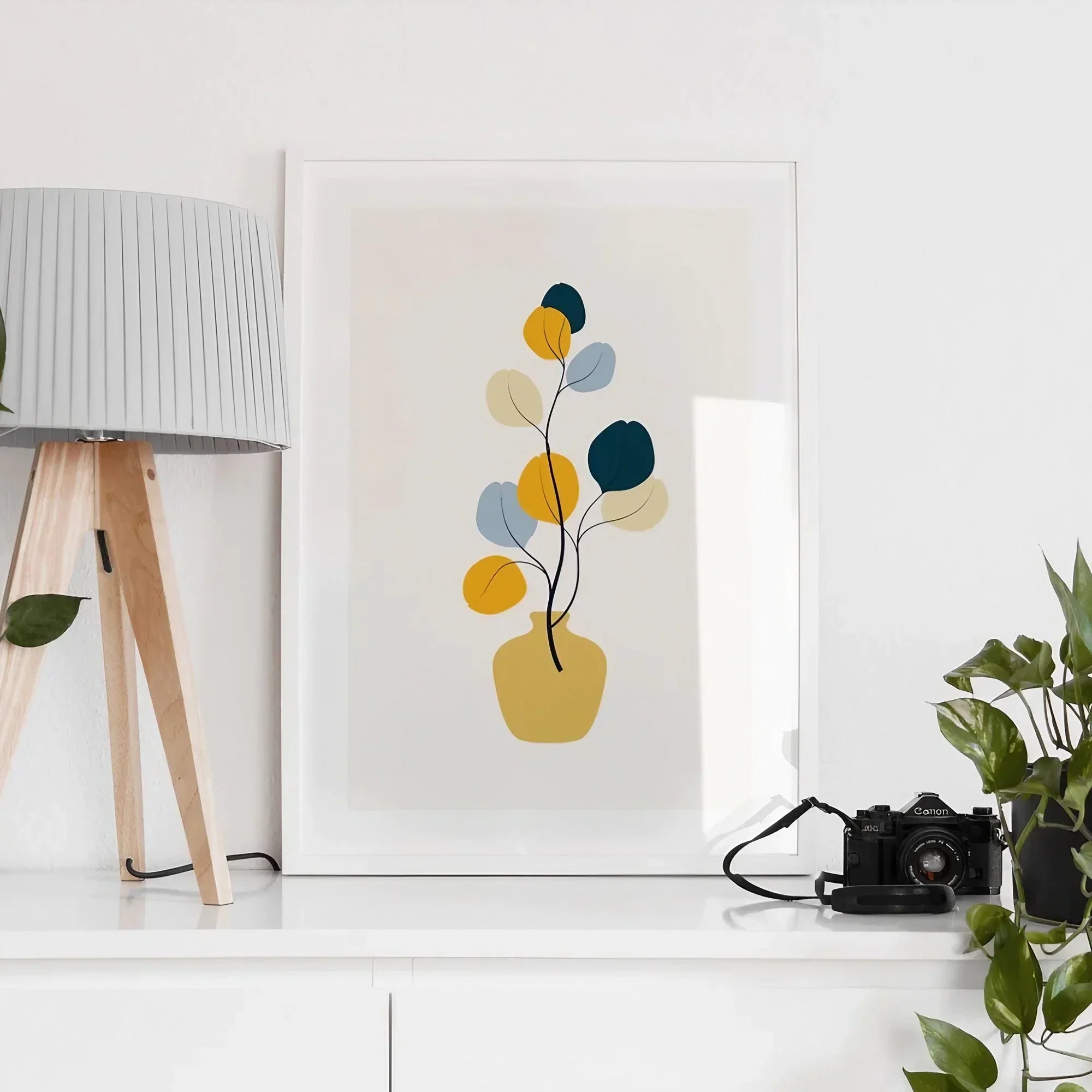 Mustard Navy Blue and Light Blue Mid Century Wall Art Modern Wall Frames