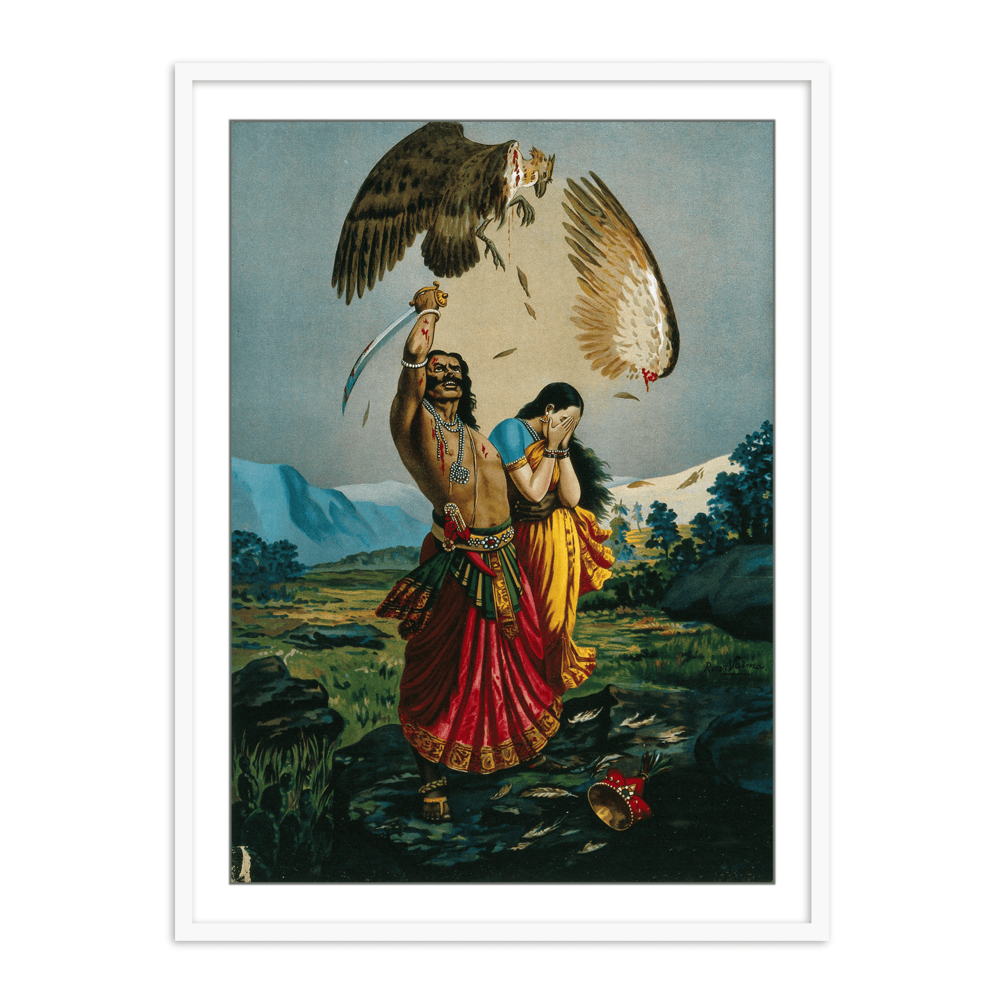 Ravana slaughtering Jatayu the vulture, while an abducted Sita looks away in horror by Raja Ravi Varma Wall Art