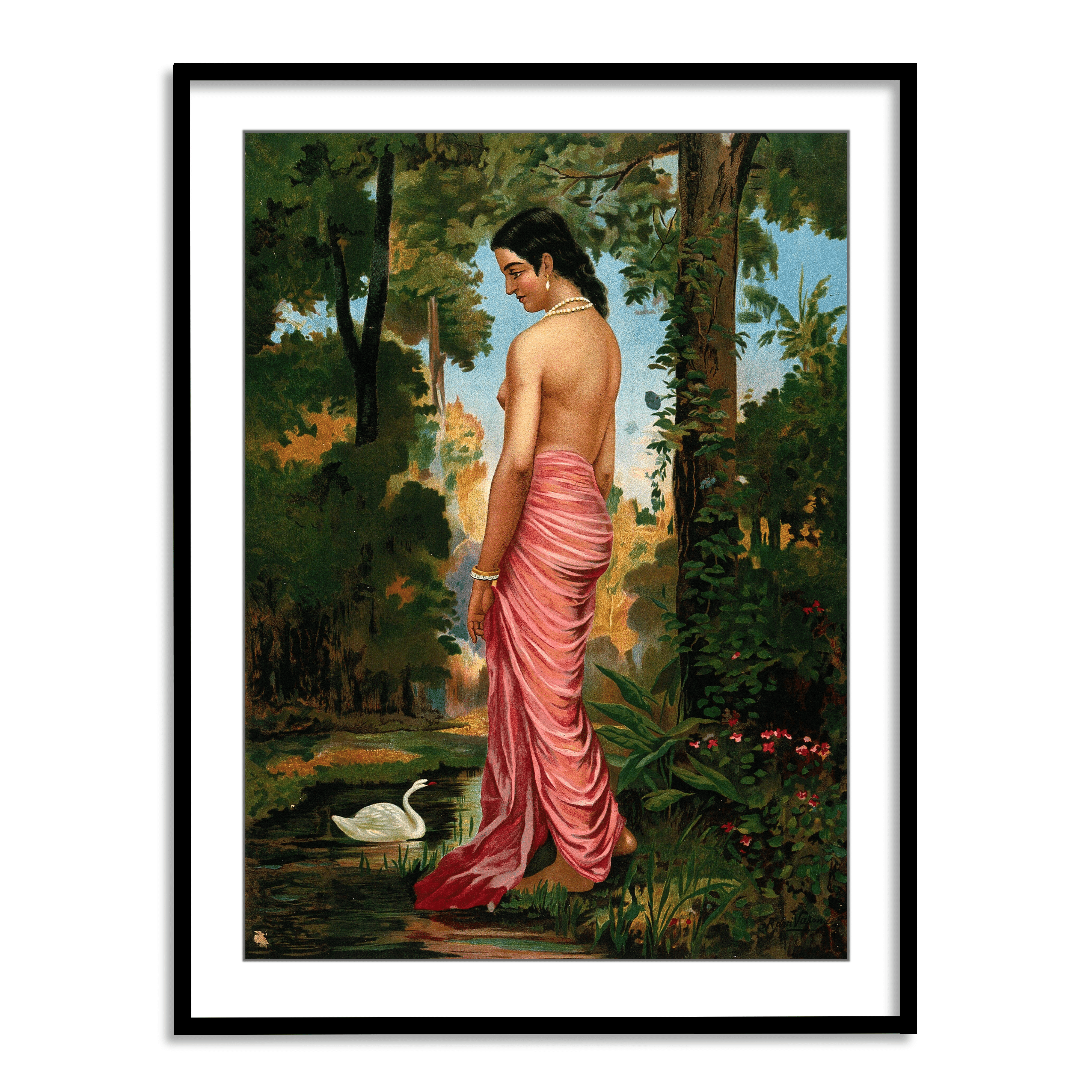 Semi-clothed woman by a river bank called Varini by Raja Ravi Varma Wall Art for Decor