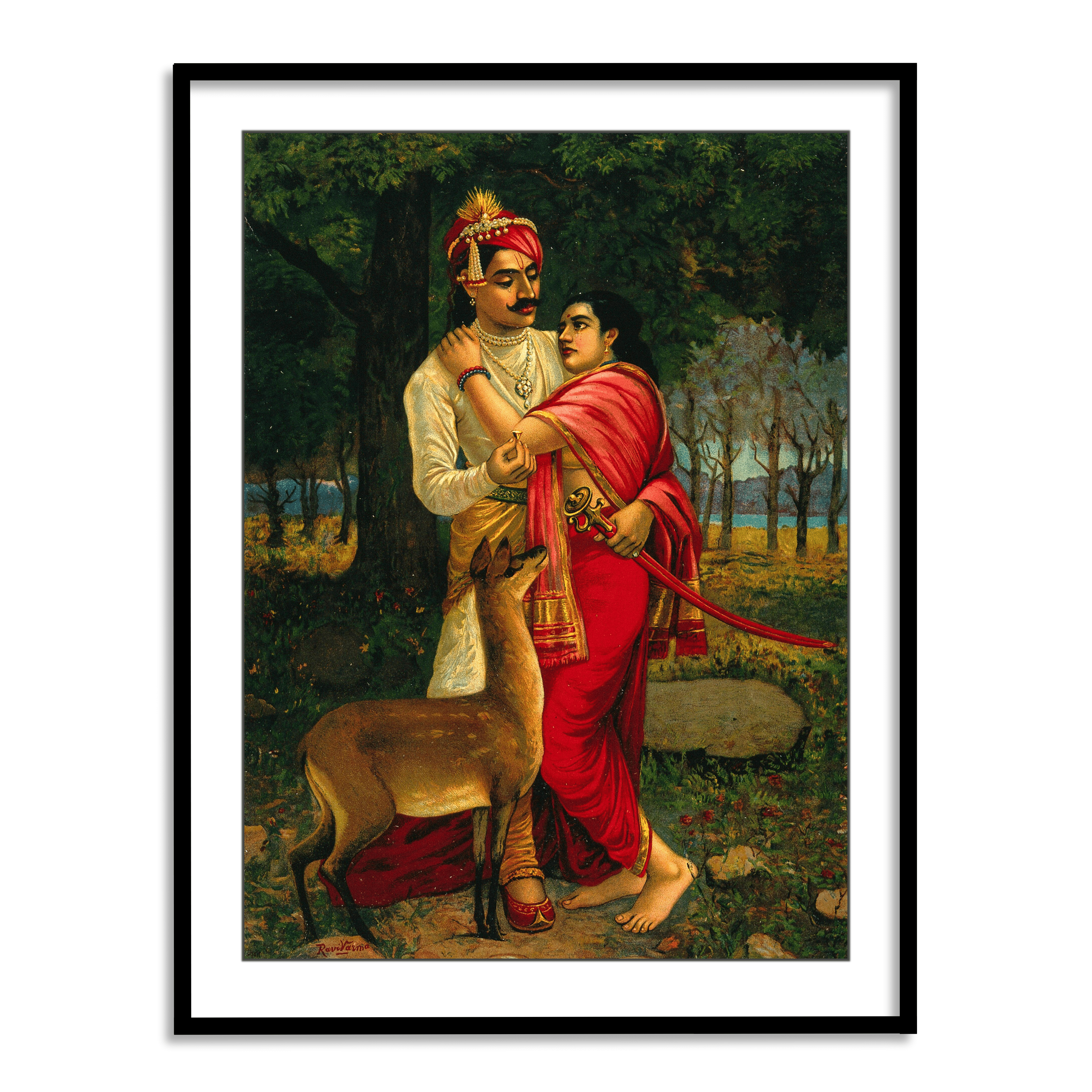 King Dushyanta proposing marriage with a ring to Shakuntala by Raja Ravi Varma Wall Art Painting for Home Decor