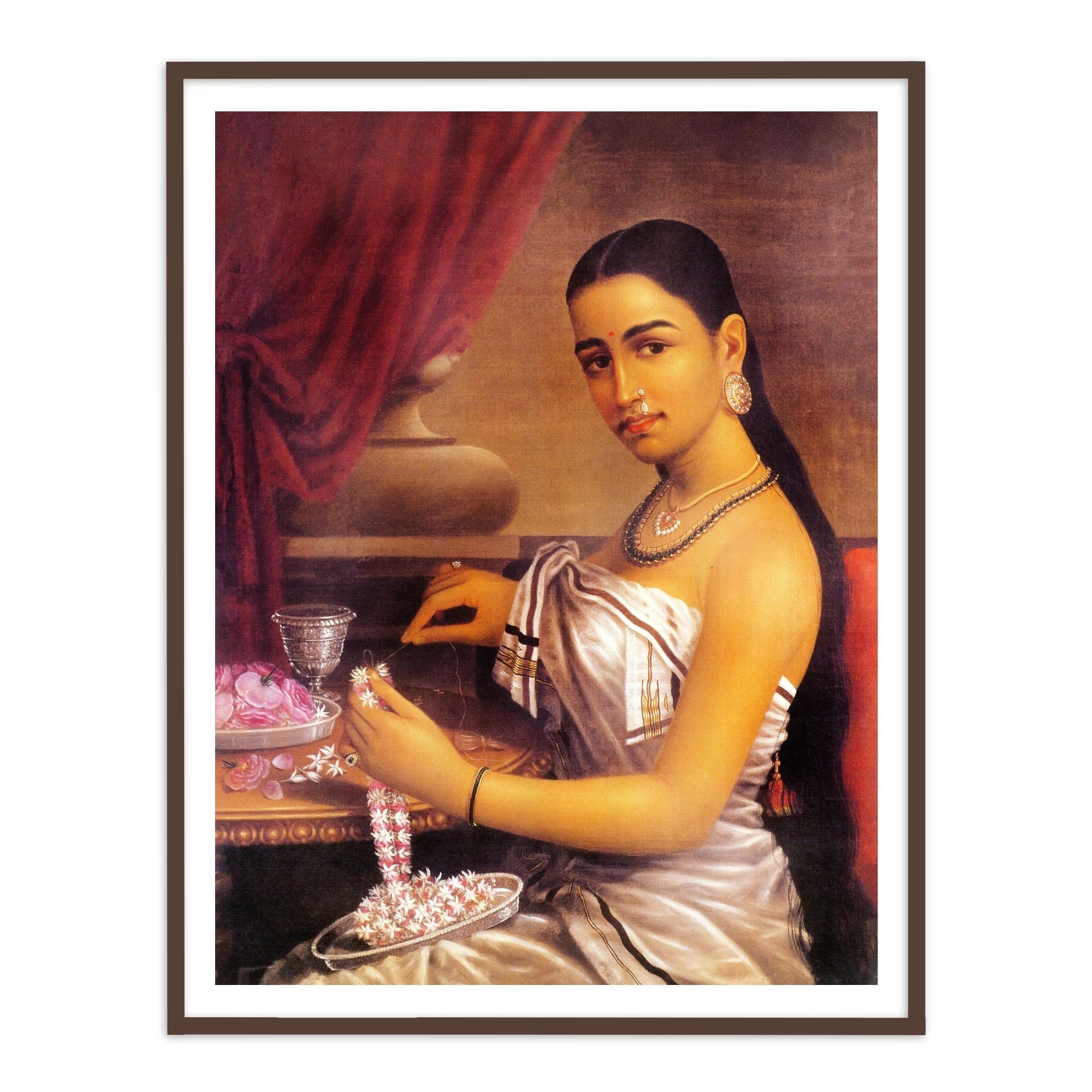 Lady making a garland by Raja Ravi Varma Wall Art for Home Decor