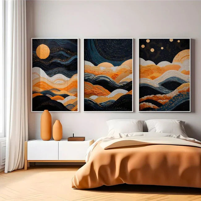 Orange And Blue Modern Neutral Abstract Wall Art Set of 3 Wall Frames
