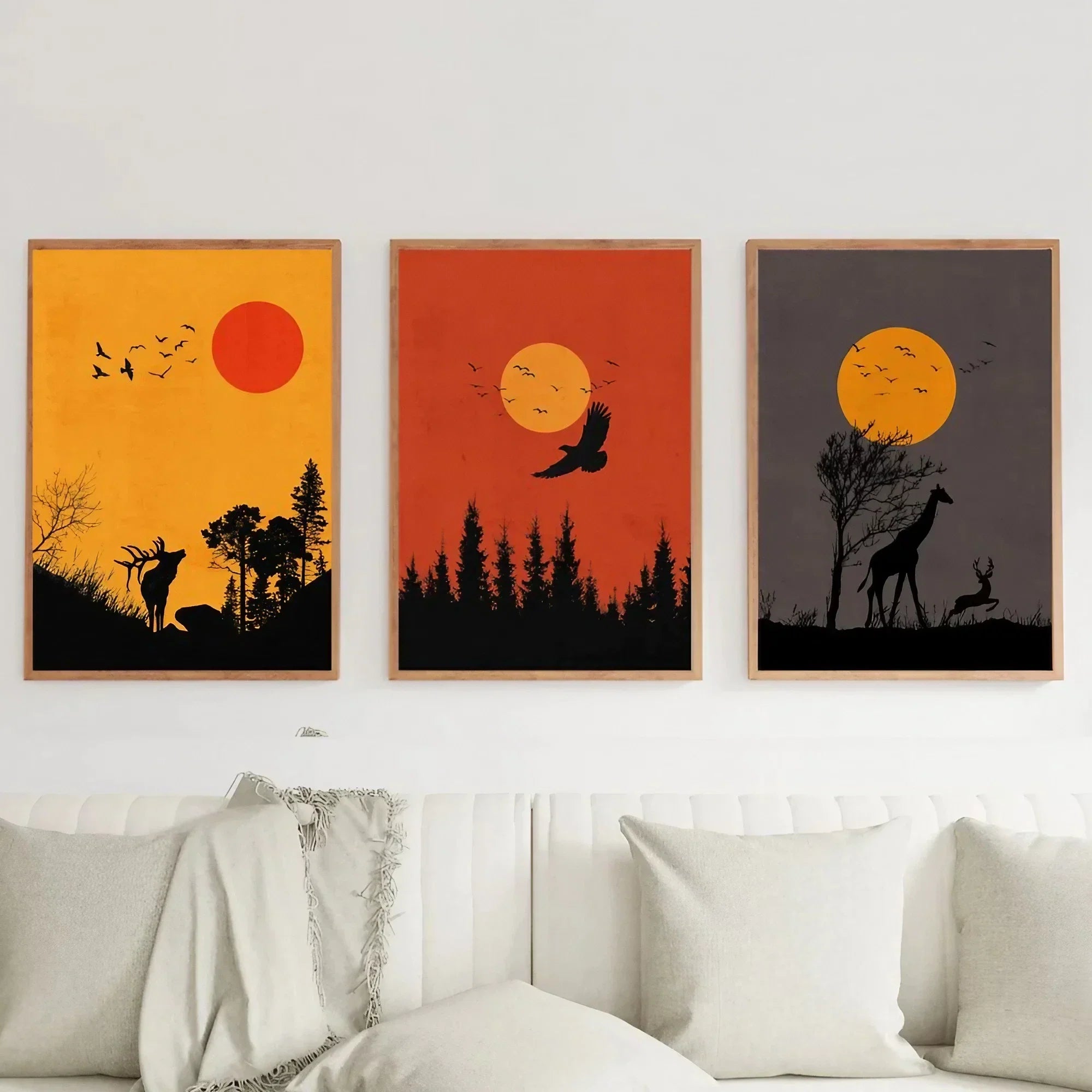 Boho Animal Set of 3 Safari Sun Set Wall Art