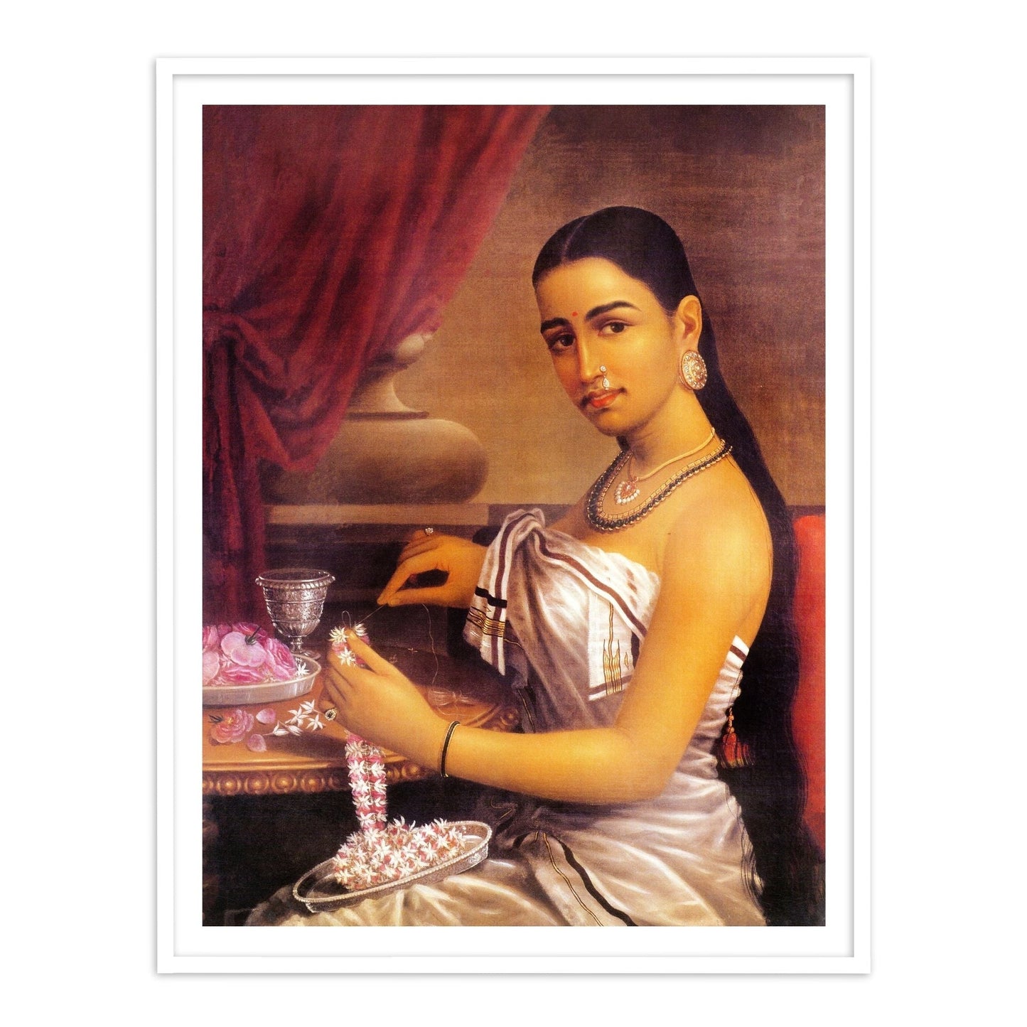 Lady making a garland by Raja Ravi Varma Wall Art for Home Decor