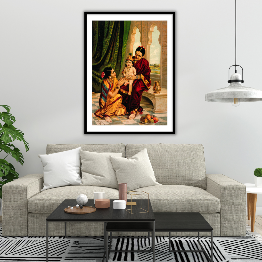 Krishna as an infant sitting on Yashoda's lap by Raja Ravi Varma Wall Art for Home Decor