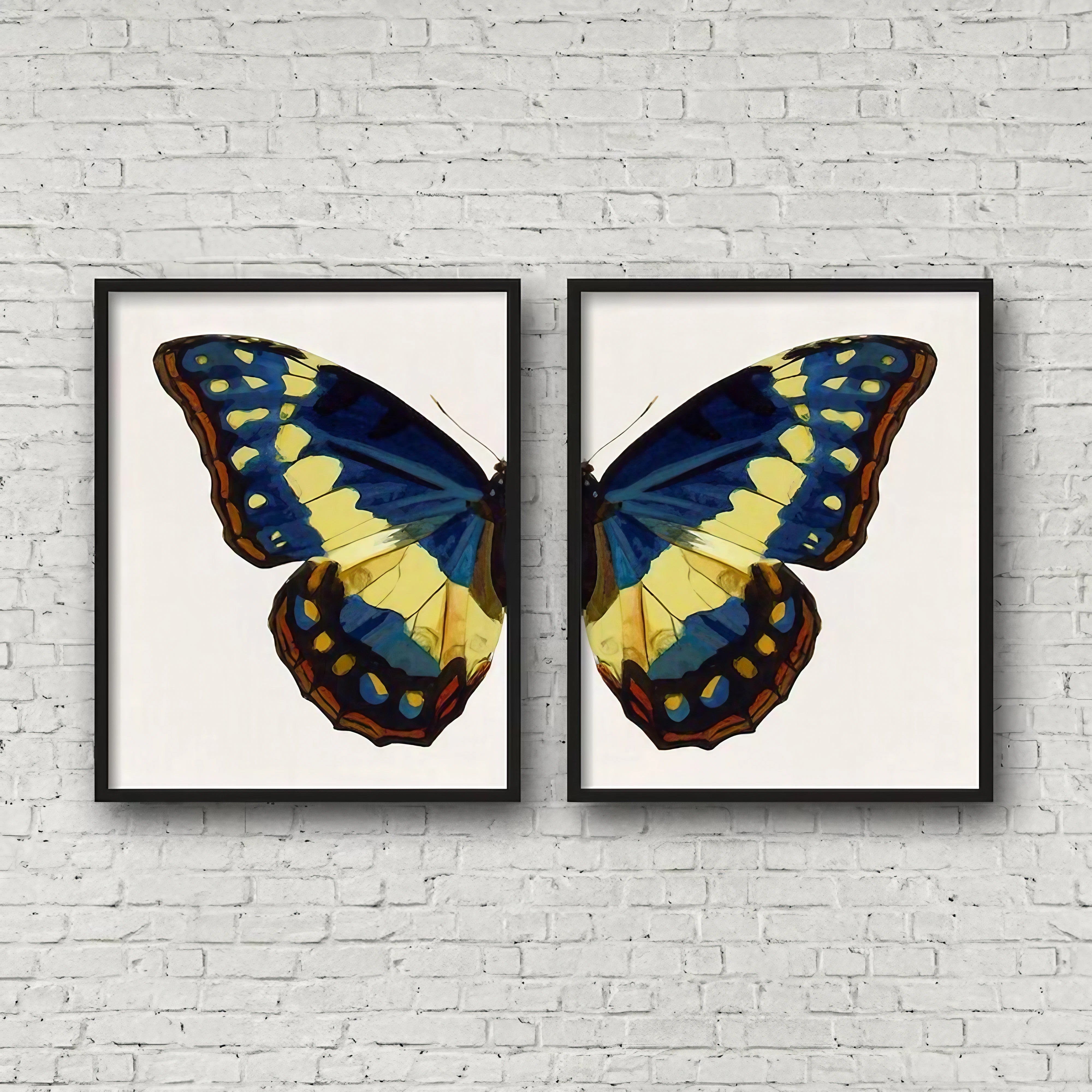 Blue And Yellow Butterfly Modern Wall Art Set of 2 Wall Frames
