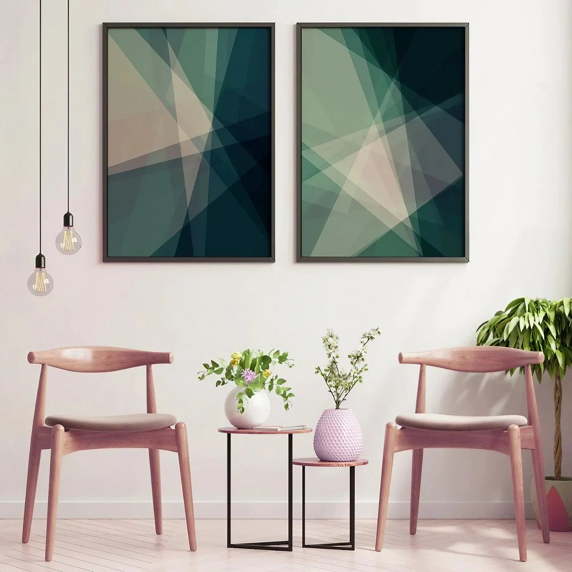 Green Geometric Art Set of 2 Green Living Room Bedroom Wall Frame