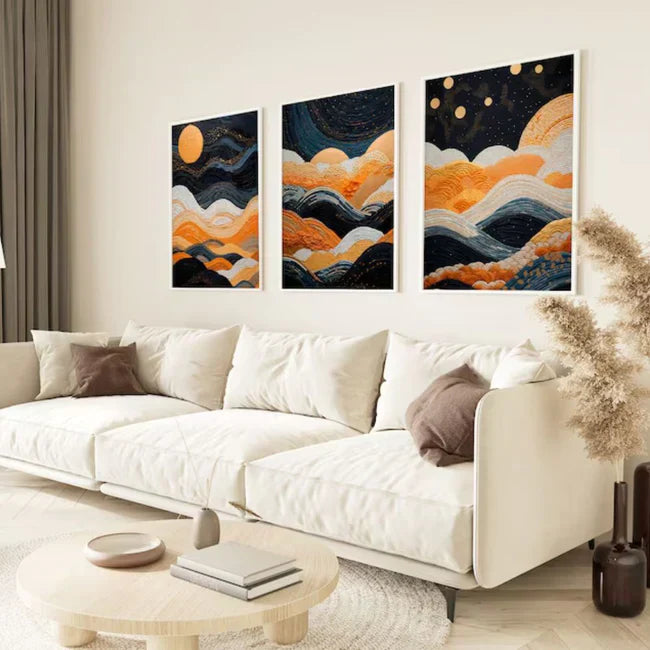 Orange And Blue Modern Neutral Abstract Wall Art Set of 3 Wall Frames