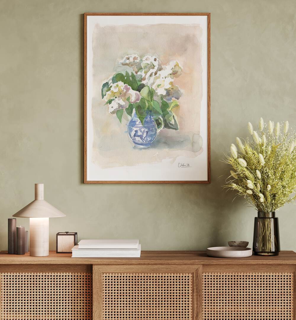 WHITE LILACS IN A VASE , FLORAL FLOWER PAINTINGS