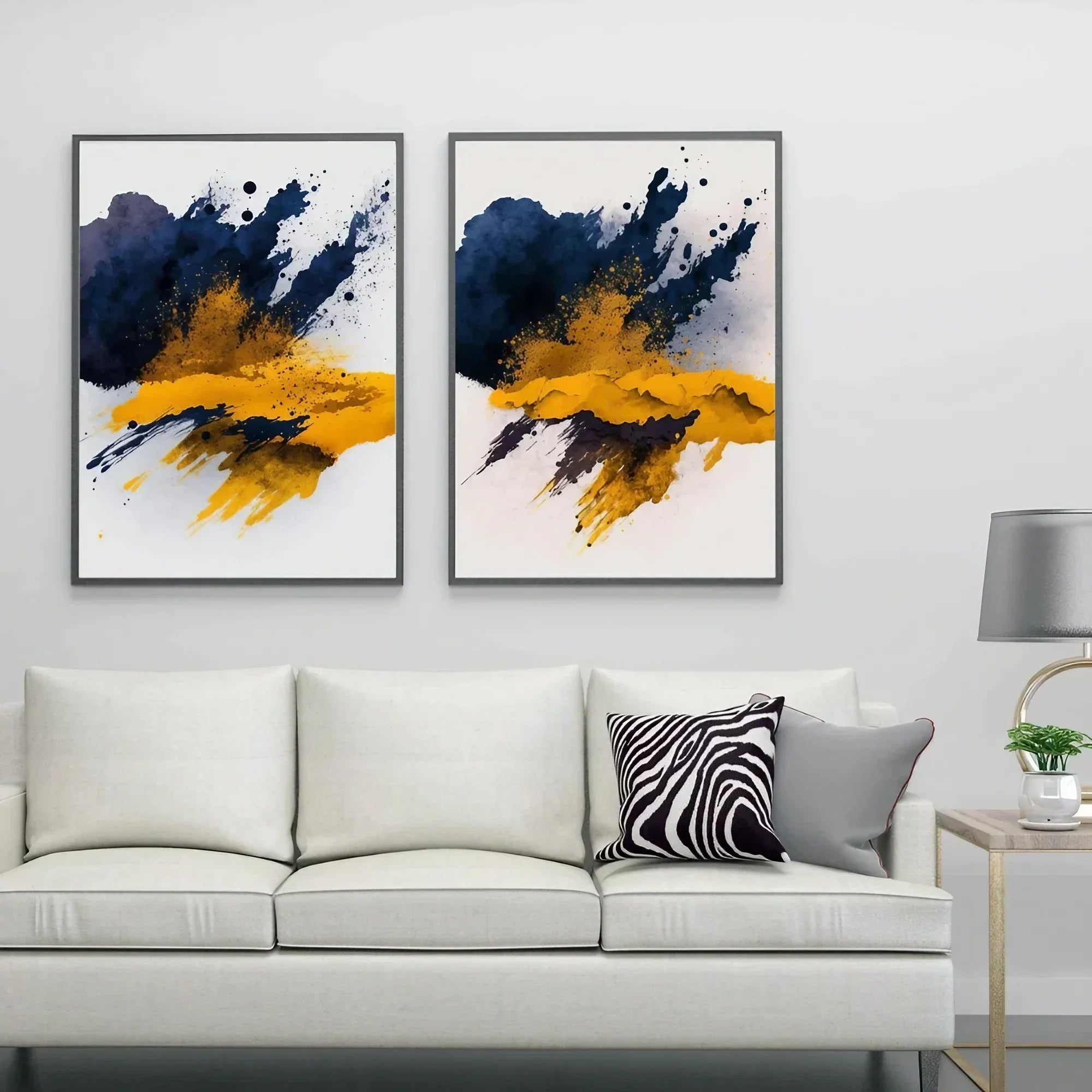 Indigo Blue, Mustard Yellow, Abstract Wall Art Set of 2 Wall Frames