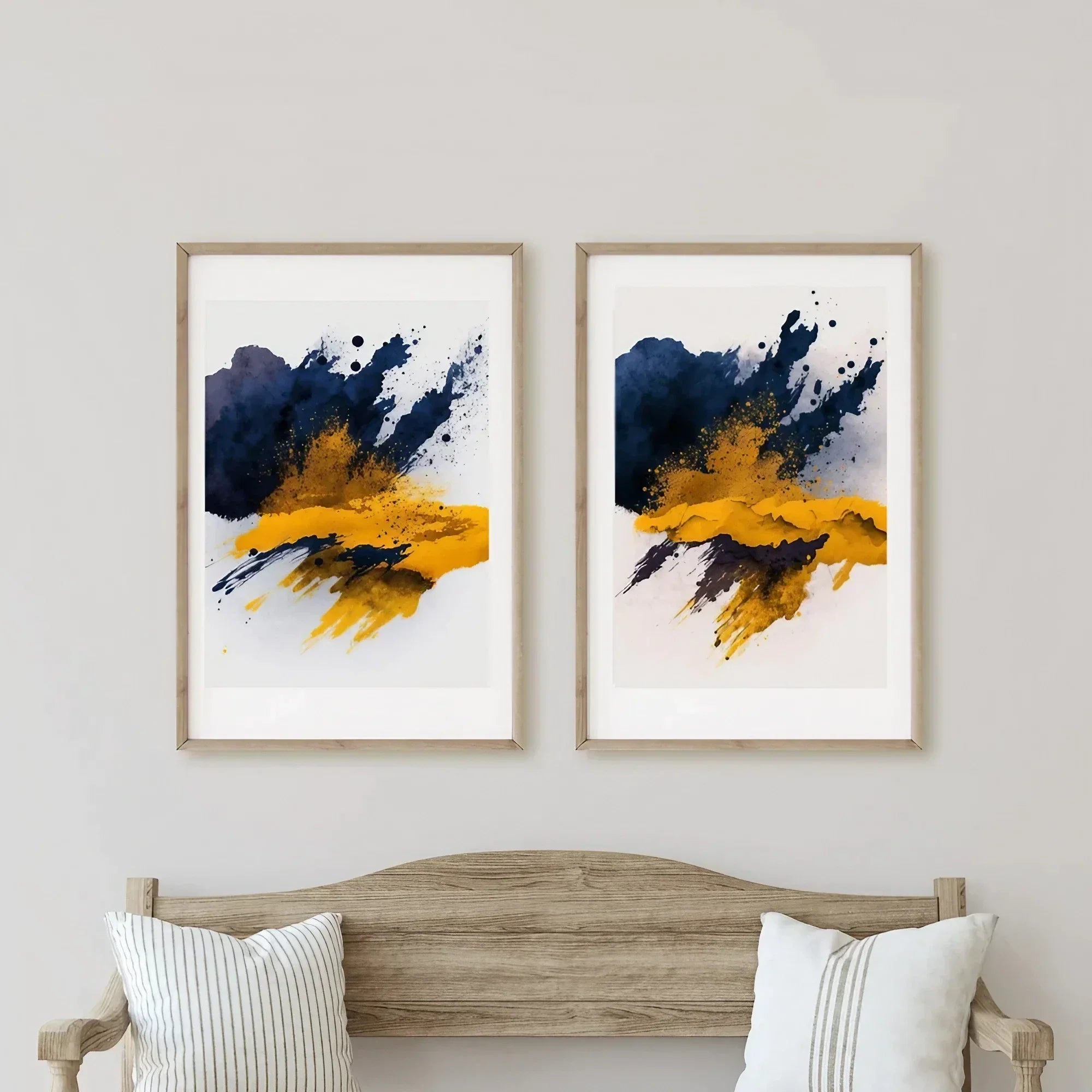 Indigo Blue, Mustard Yellow, Abstract Wall Art Set of 2 Wall Frames