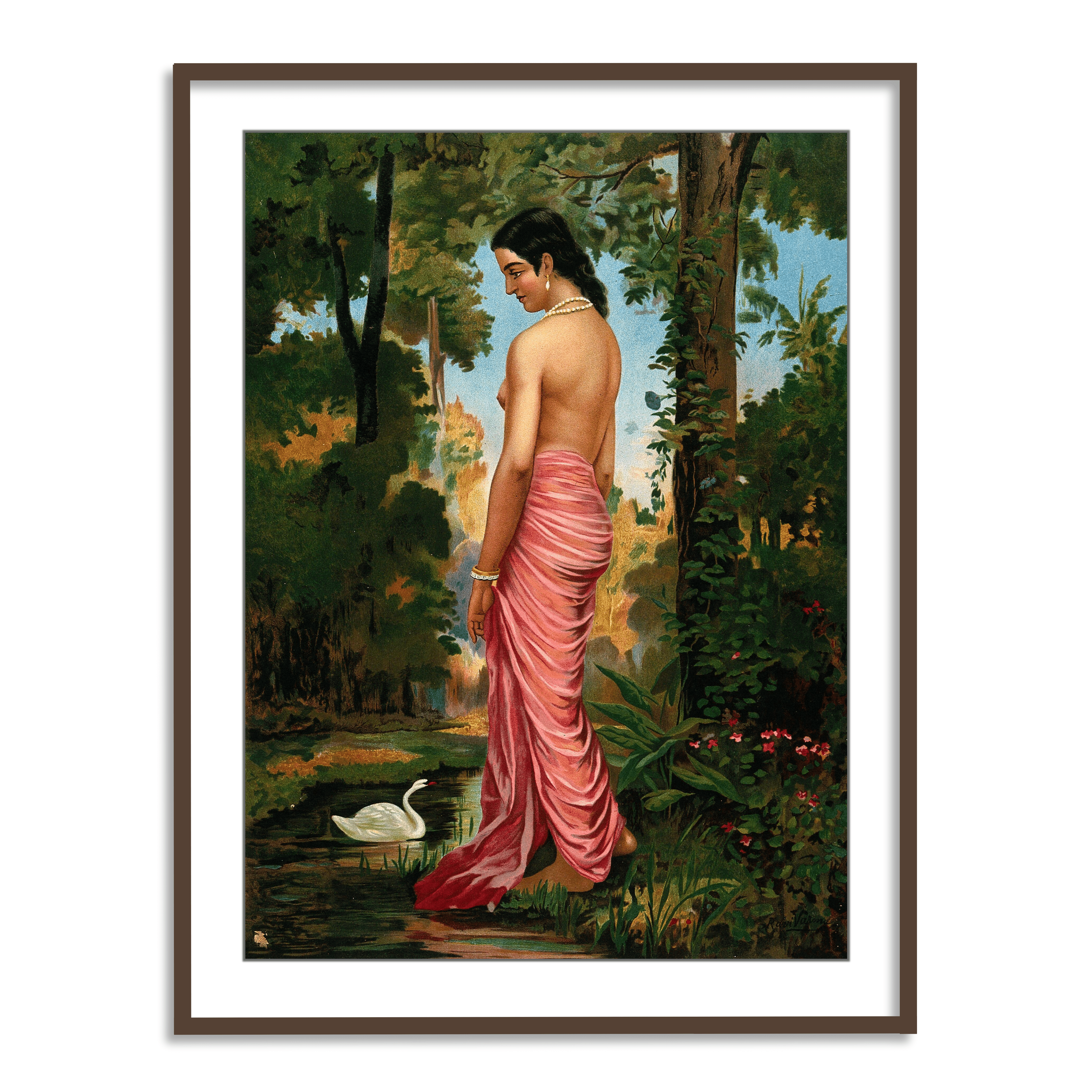 Semi-clothed woman by a river bank called Varini by Raja Ravi Varma Wall Art for Decor