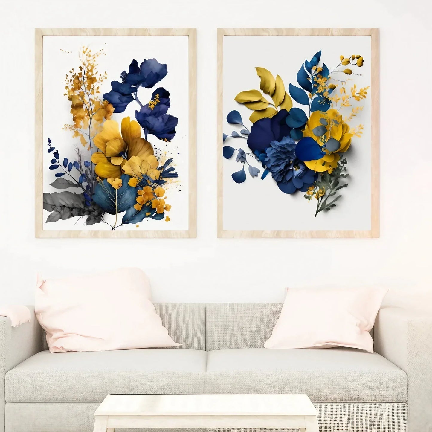 Indigo Blue and Mustard, Abstract Wall Art Set of 2 Wall Frames