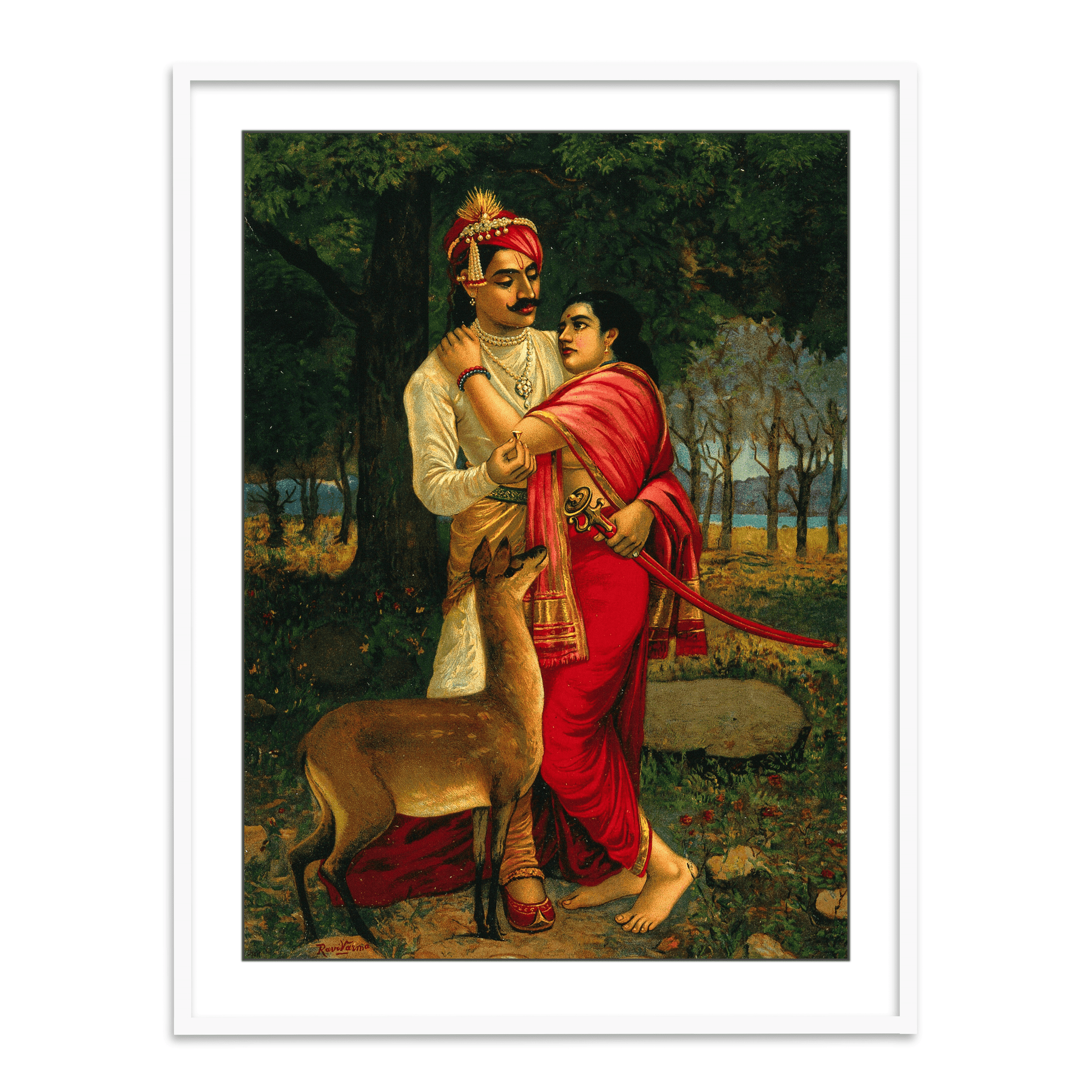 King Dushyanta proposing marriage with a ring to Shakuntala by Raja Ravi Varma Wall Art Painting for Home Decor