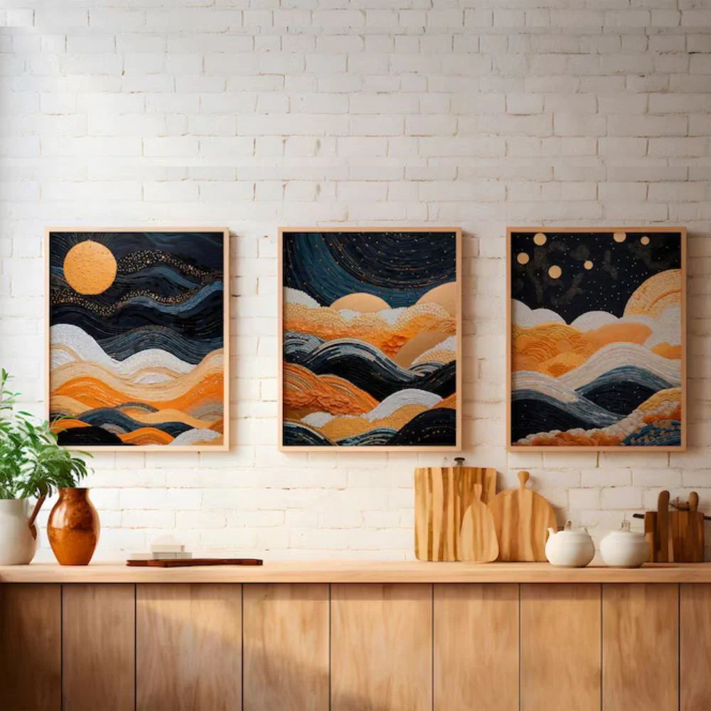 Orange And Blue Modern Neutral Abstract Wall Art Set of 3 Wall Frames
