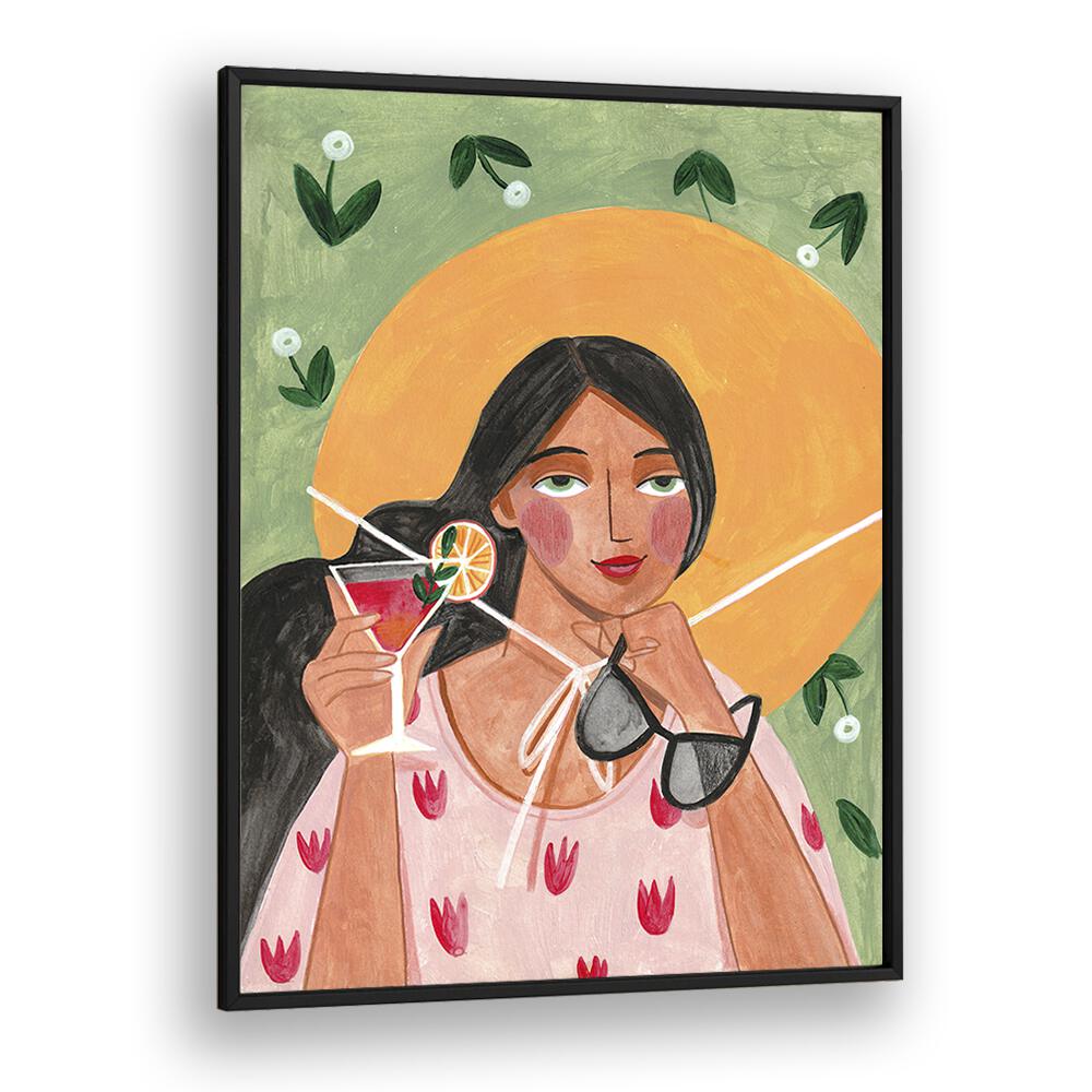 Abstract modern bohemian woman with cocktail, showcasing elegance in portraits by Caroline Bonne Muller.