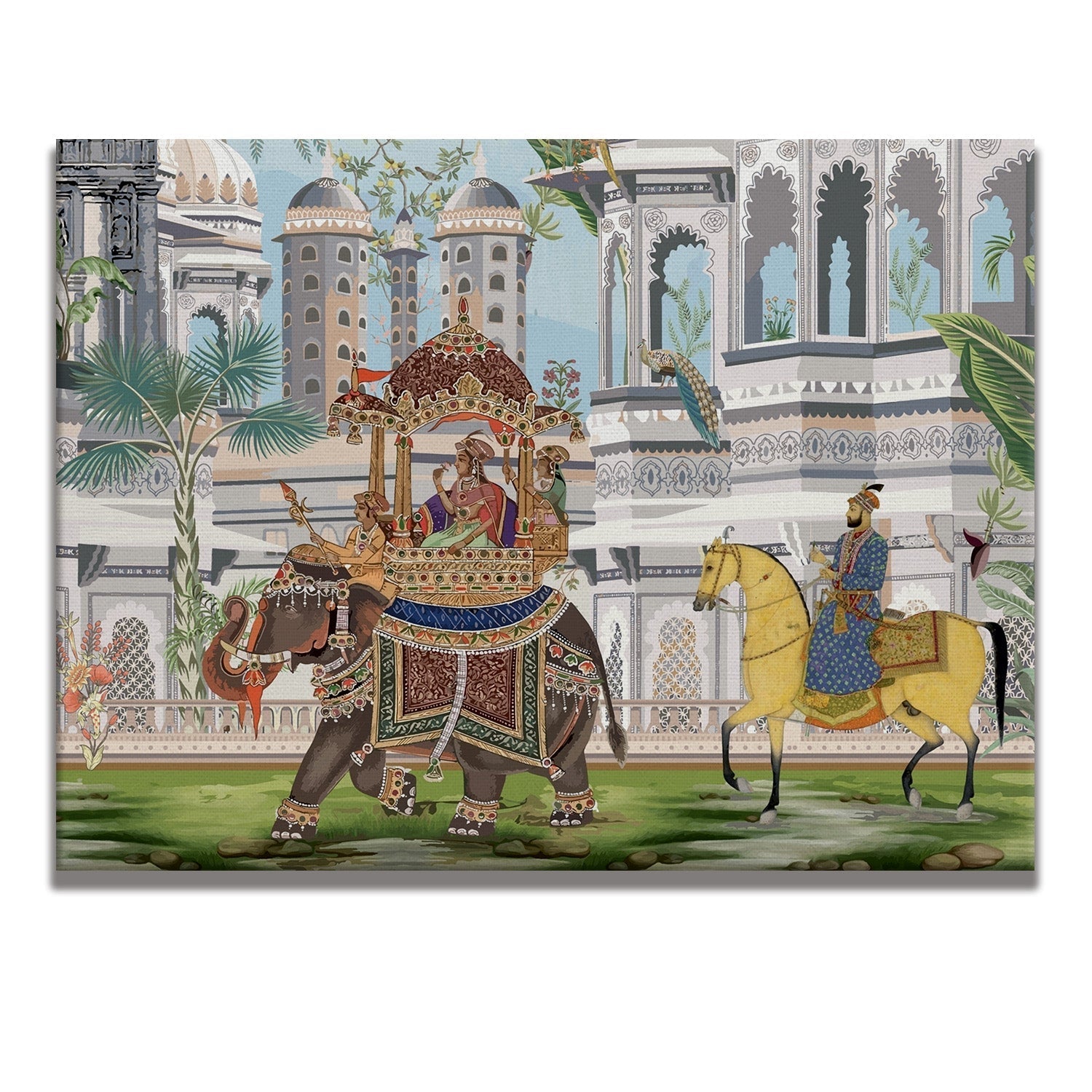 The Queen's Elephant Ride: A Glimpse into Mughal Royalty on Framed Canvas Artwork Perfect for Office and Home Wall Decor.