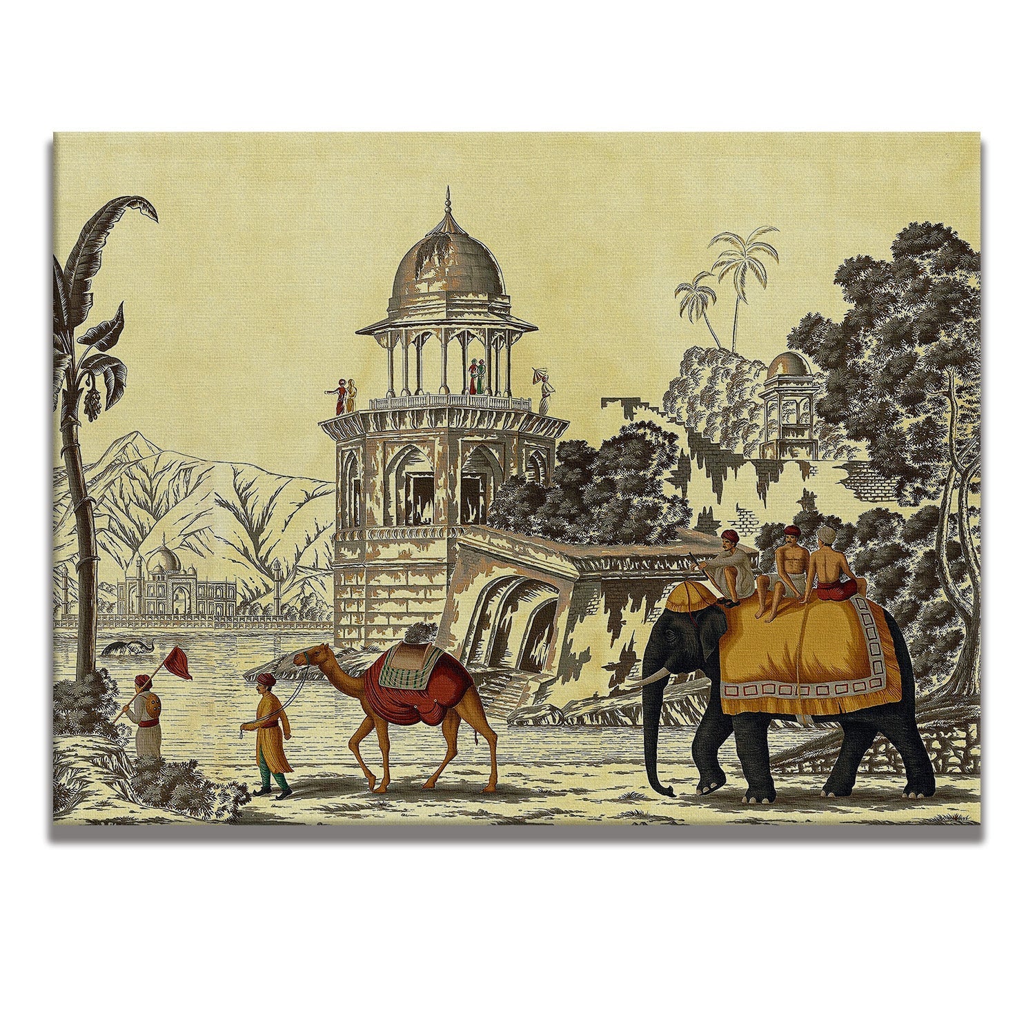 The Mughal Stronghold: A Fort Landscape with Elephant and Camel Historical Art Impressionism Painting Picture on Framed Artwork for Home Decor.