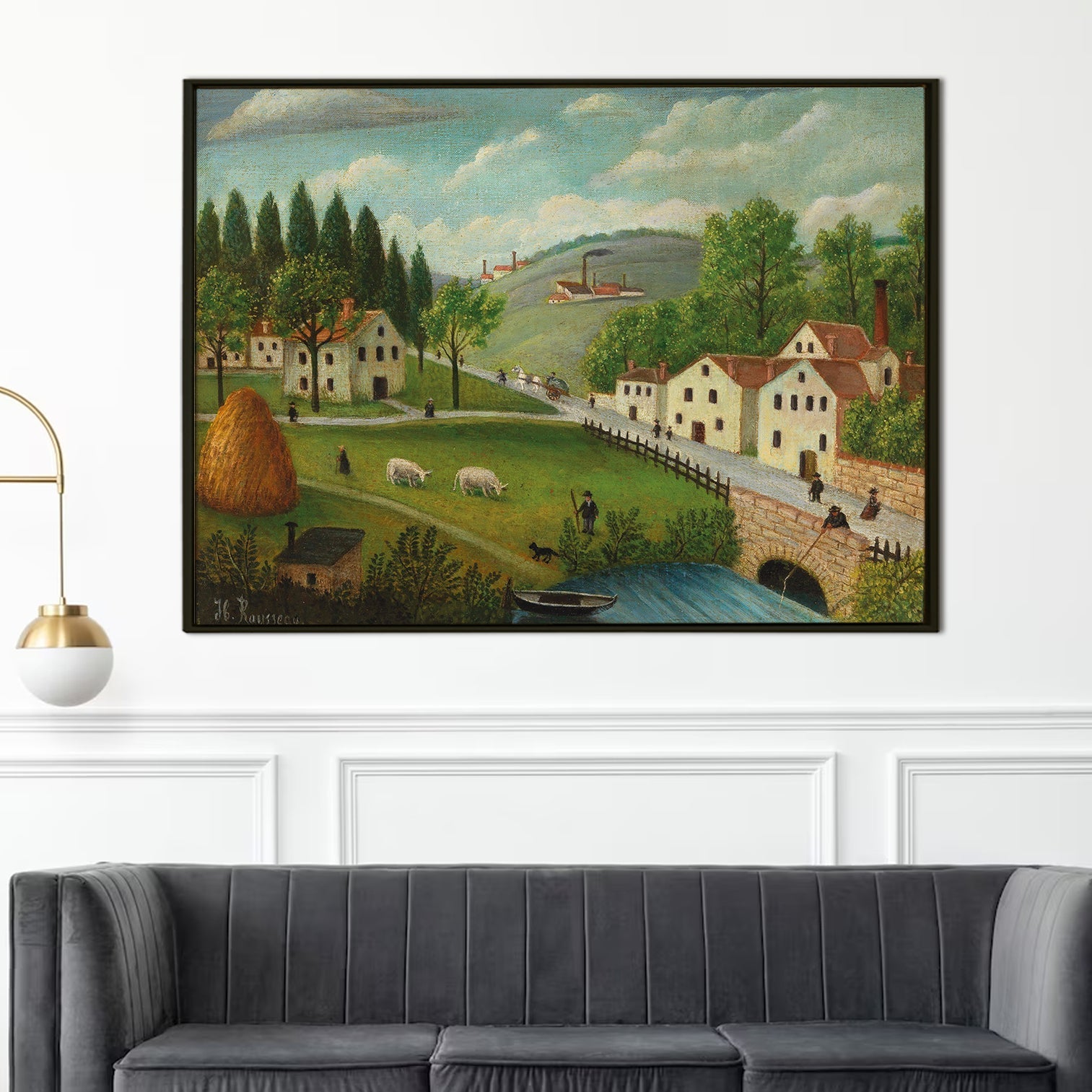 Pastoral Landscape with Stream Fisherman and Strollers - Henri Rousseau - Canvas Roll Art Print Framed Masterpiece