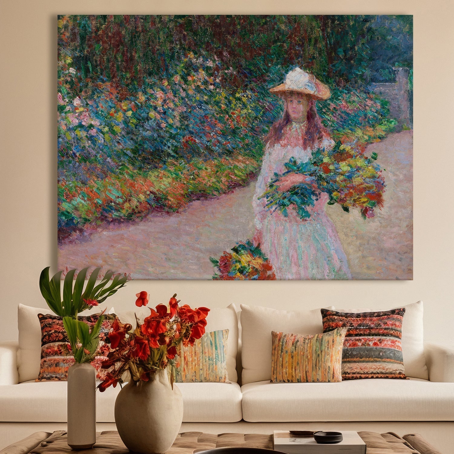 Modern Framed Canvas Prints of Claude Monet Paintings Reproduction Abstract Floral Artwork Garden Pictures View on Canvas Wall Art For Living Room Office Home Decor.