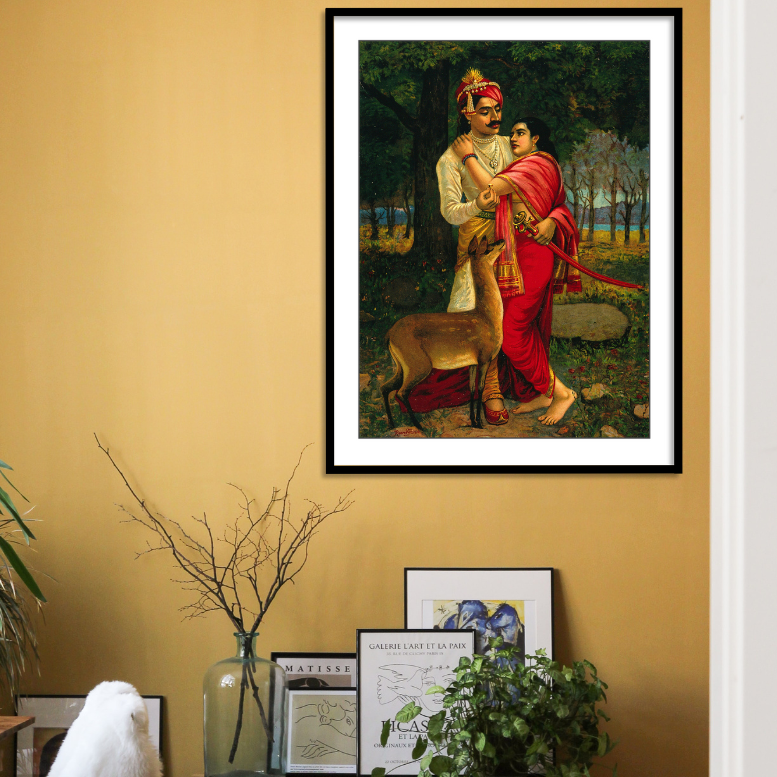 King Dushyanta proposing marriage with a ring to Shakuntala by Raja Ravi Varma Wall Art