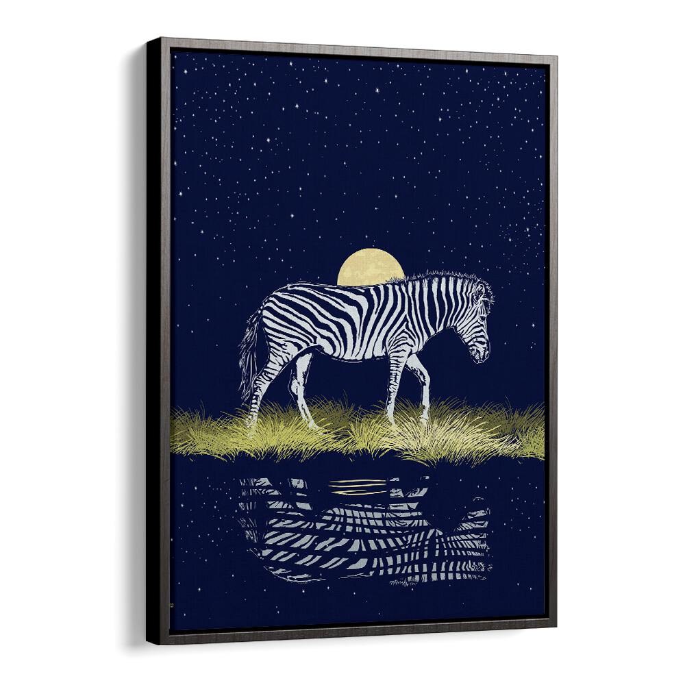 Stunning MOONRISING OVER ZEBRA, ANIMAL PAINTINGS showcasing a zebra under a full moon and starry night.