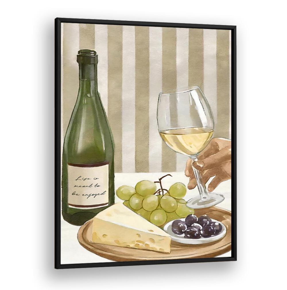 Stylish kitchen poster featuring wine, cheese, and grapes, reminding us that LIFE IS MEANT TO BE ENJOYED.