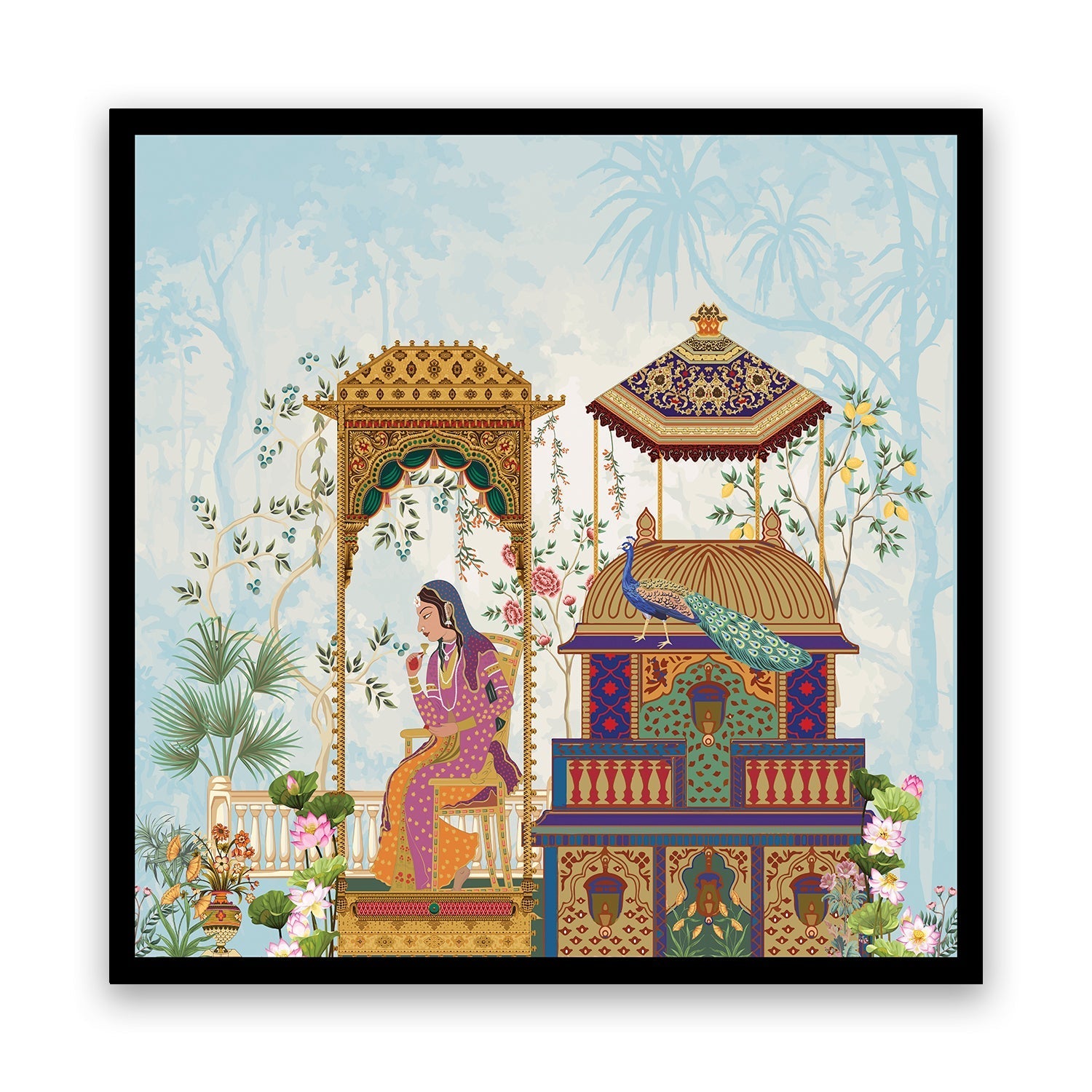 Noblewoman’s Moment of Reflection in an Ornate Pavilion