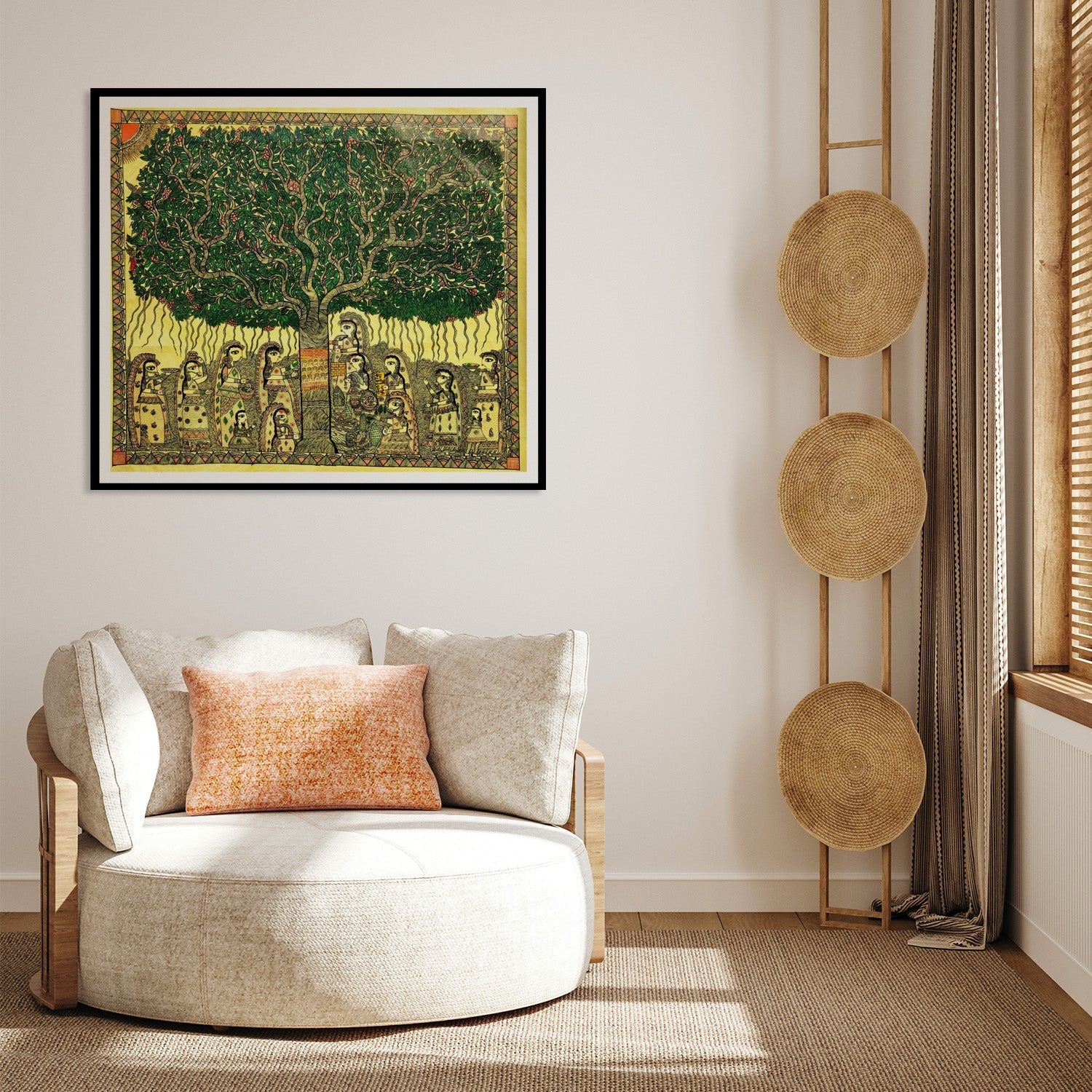 Beautiful Tree of Life Madhubani Painting, Framed Art