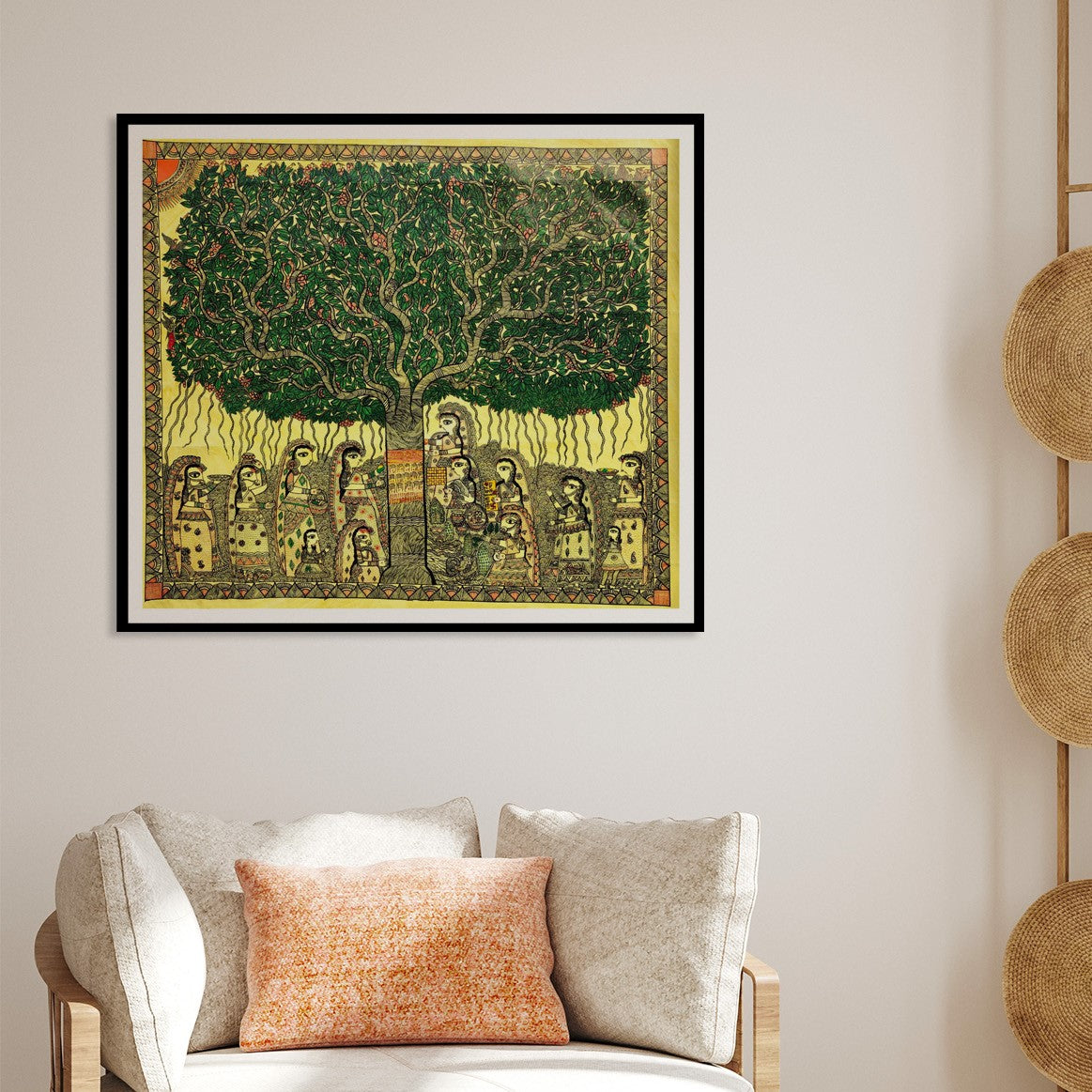 Beautiful Tree of Life Madhubani Painting, Framed Art