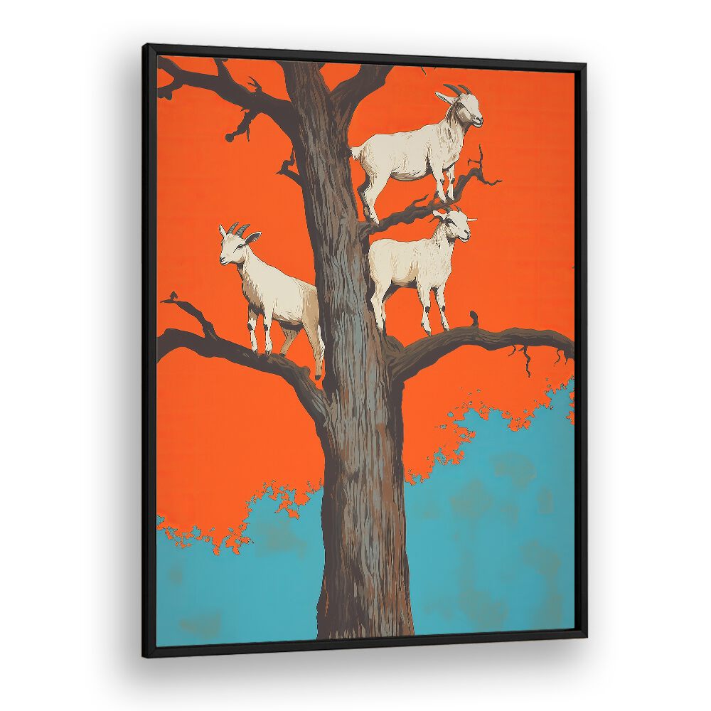Whimsical GOATS IN A TREE, ANIMAL PAINTINGS showcasing goats perched on branches, perfect for home decor.