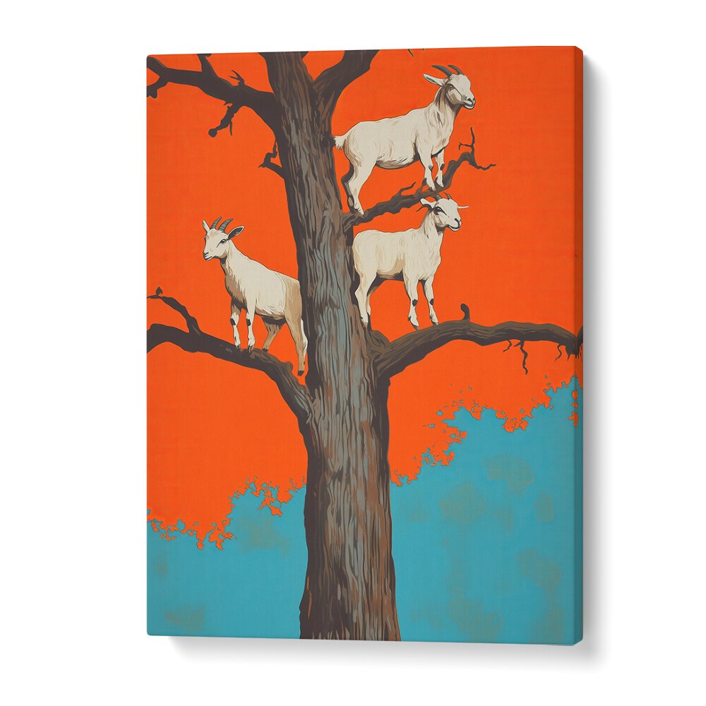 Whimsical GOATS IN A TREE, ANIMAL PAINTINGS poster, showcasing nature's beauty and playful goats in vibrant colors.