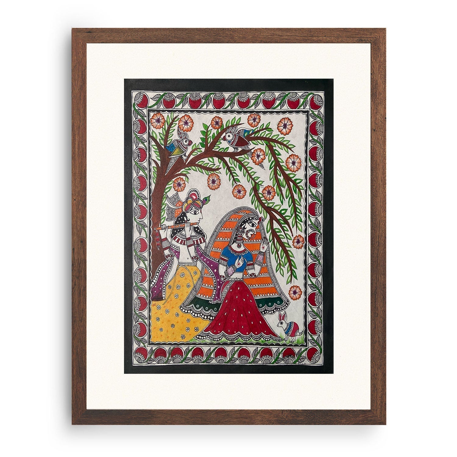 Krishna and Radha ji with flute, Madhubani Art, Madhubani Painting