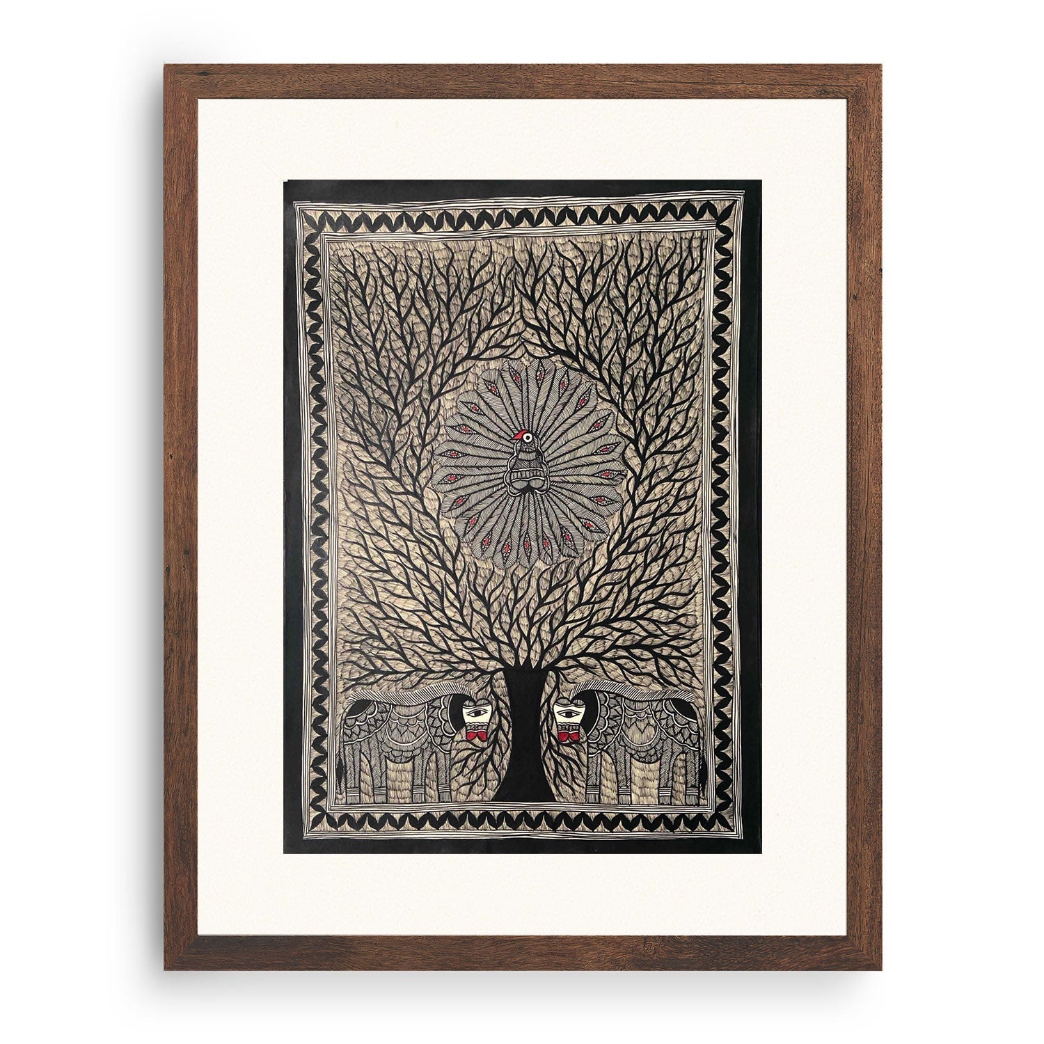 Life of Tree with Peacock and Elephant, Madhubani Art, Madhubani Painting