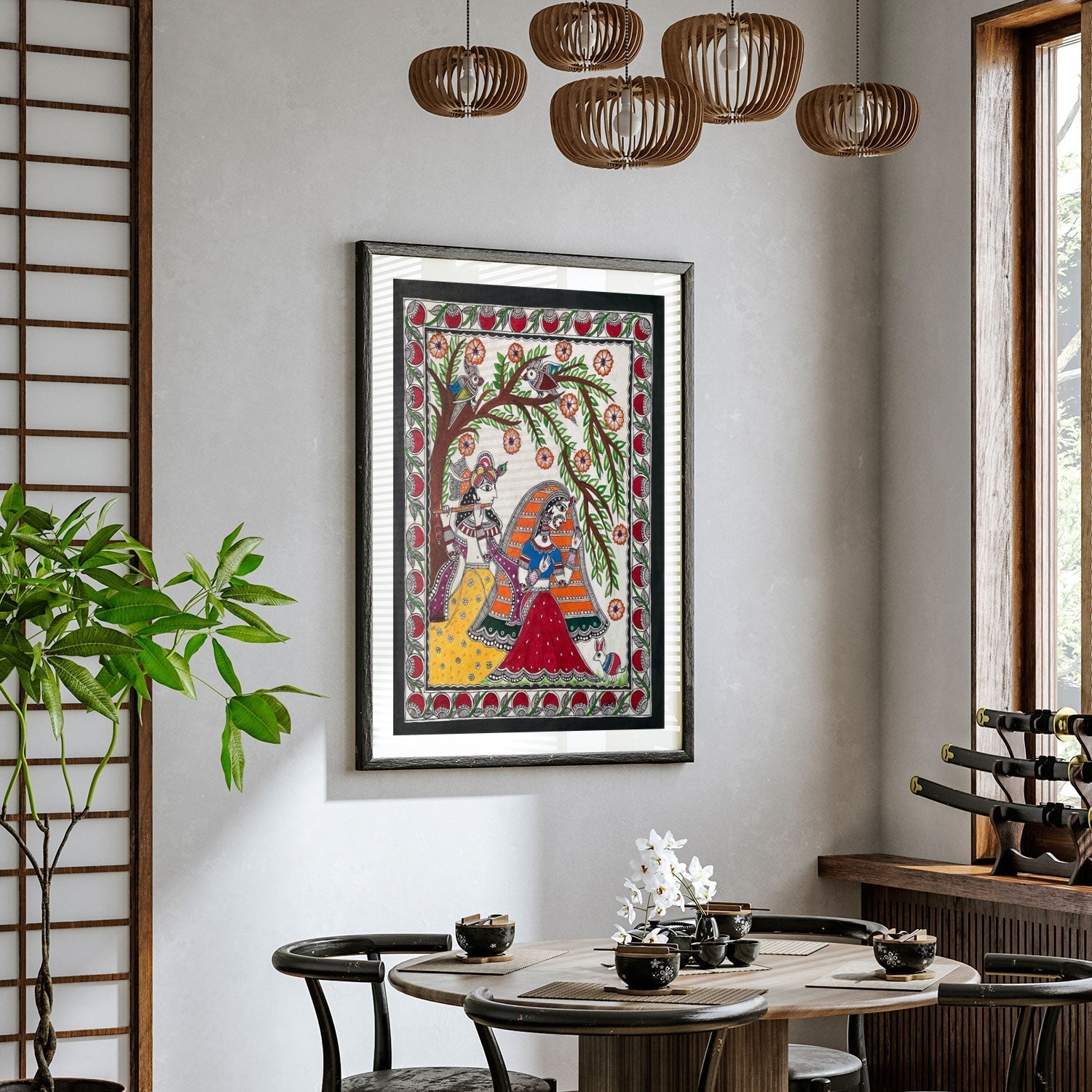 Krishna and Radha ji with flute, Madhubani Art, Madhubani Painting