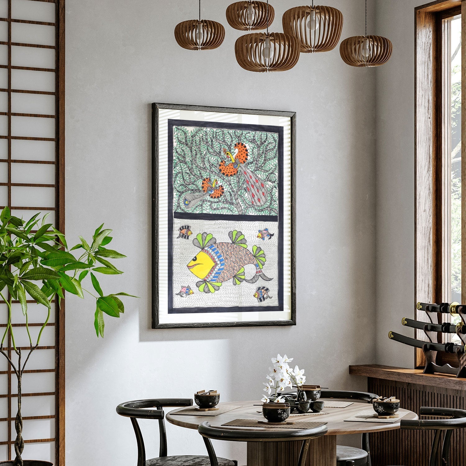 Peacock fish combination Madhubani Painting, Madhubani Art, Madhubani Painting