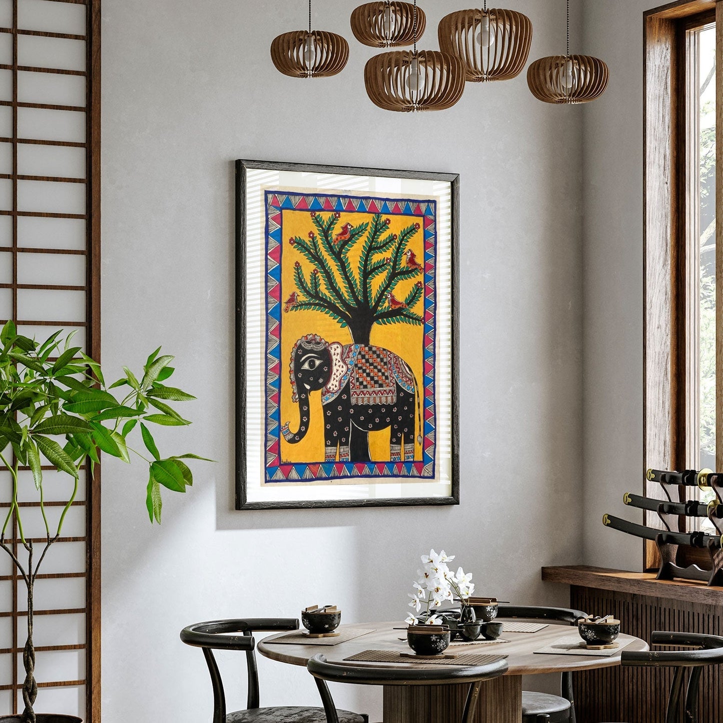 Elephant with tree , Madhubani Art, Madhubani Painting