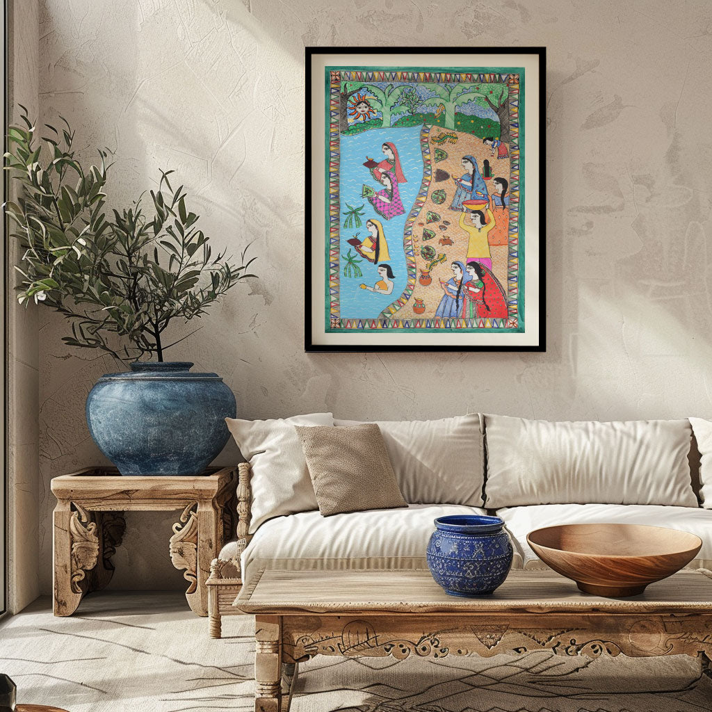 Chhath Scenery Madhubani Painting, Madhubani Art, Madhubani Painting