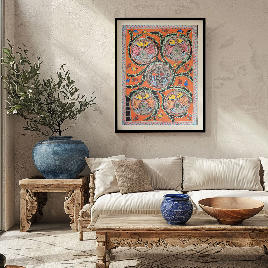 Combination of Fish and Peacock Madhubani Painting, Madhubani Art, Madhubani Painting