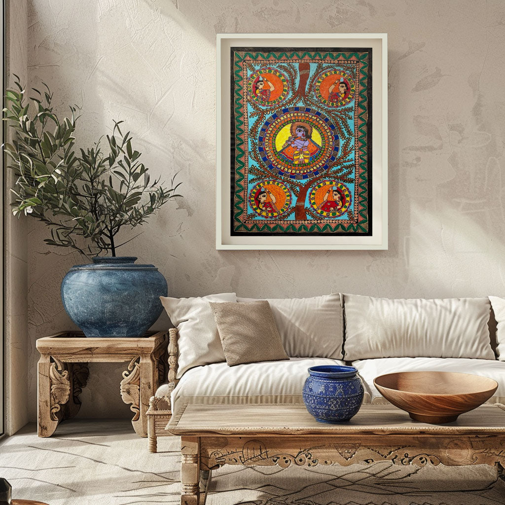 Kanhaiyya ji with Gopiya , Madhubani Art, Madhubani Painting