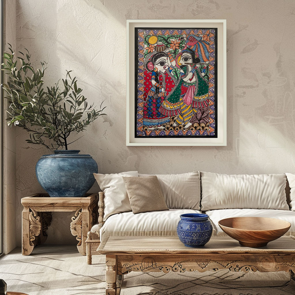 Radha Krishna milan Madhubani Art, Madhubani Art, Madhubani Painting