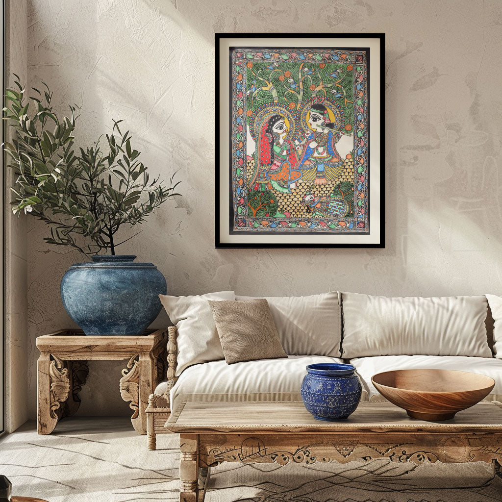 Love Scene of Radha Krishna Madhubani Painting, Madhubani Art, Madhubani Painting