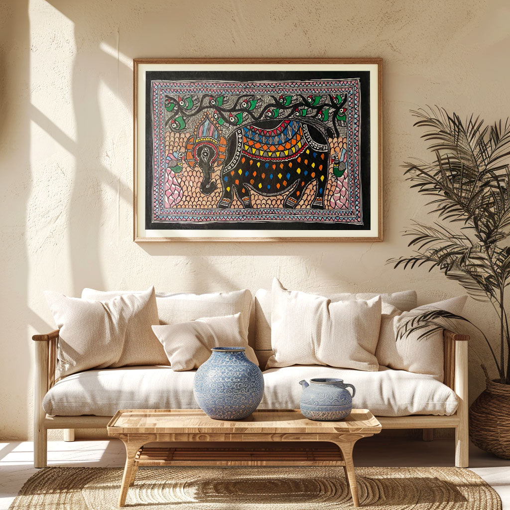 Elephant with Peacock , Madhubani Art, Madhubani Painting