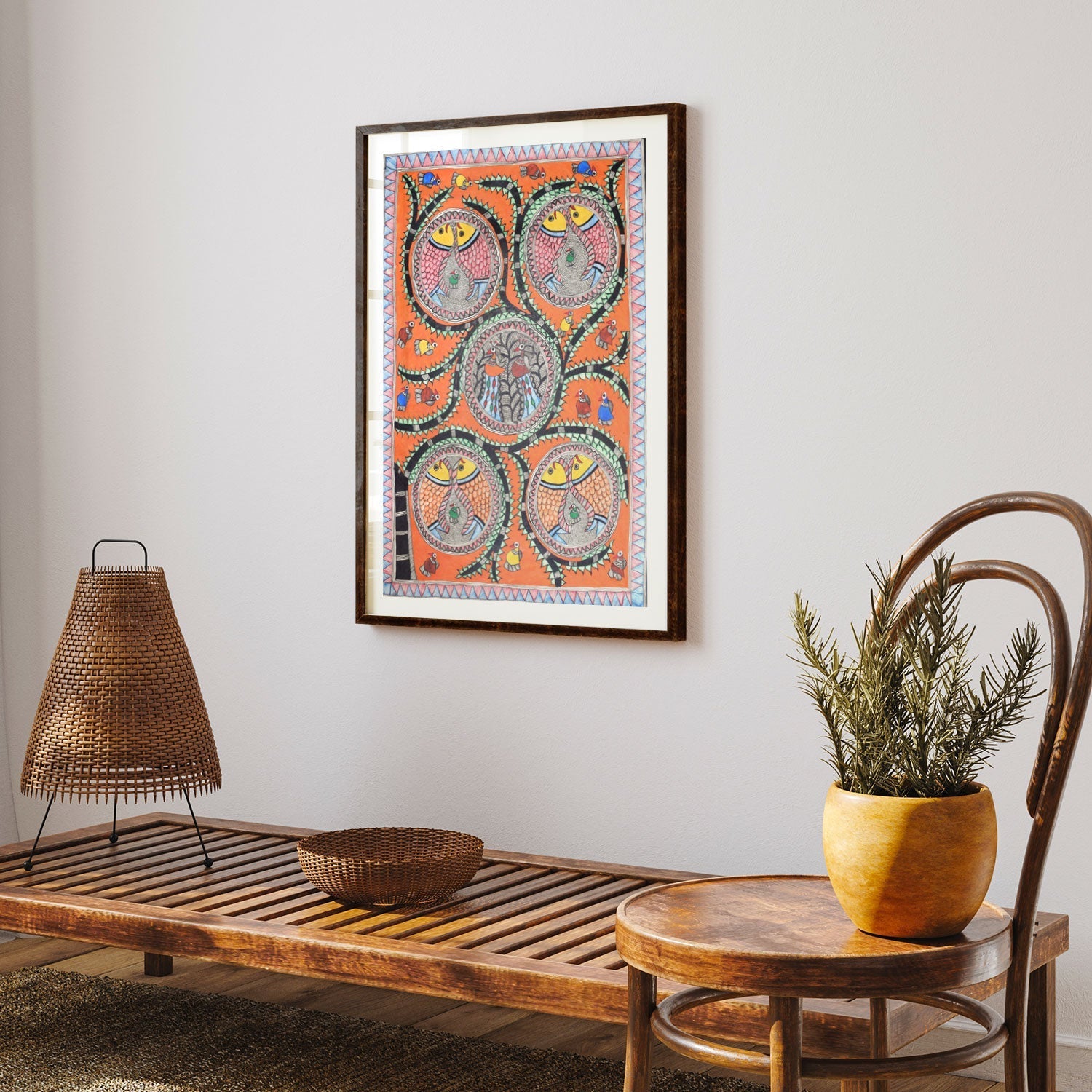 Combination of Fish and Peacock Madhubani Painting, Madhubani Art, Madhubani Painting