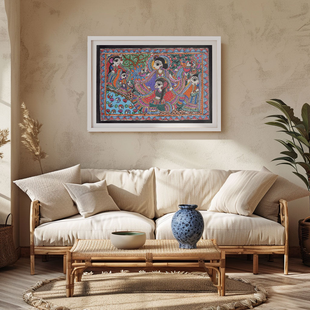 Radha krishna at the river coast, Madhubani Art, Madhubani Painting